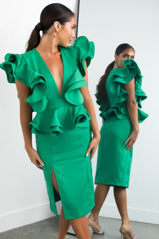 Kelly Green Deep V Neck Ruffle Midi Dress sold by Lime Lush