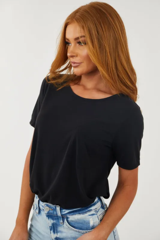 Black Flowy Knit Top with Single Chest Pocket sold by Lime Lush