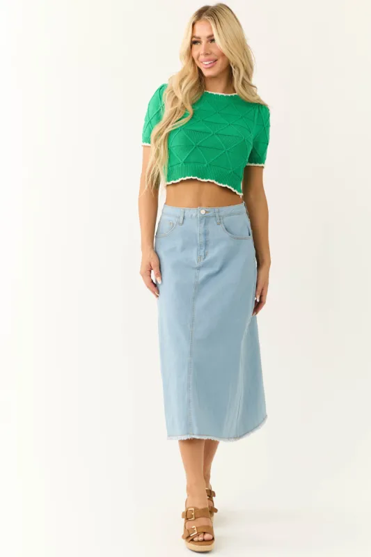 Light Wash Denim Frayed Hem Midi Skirt sold by Lime Lush
