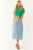 Light Wash Denim Frayed Hem Midi Skirt sold by Lime Lush