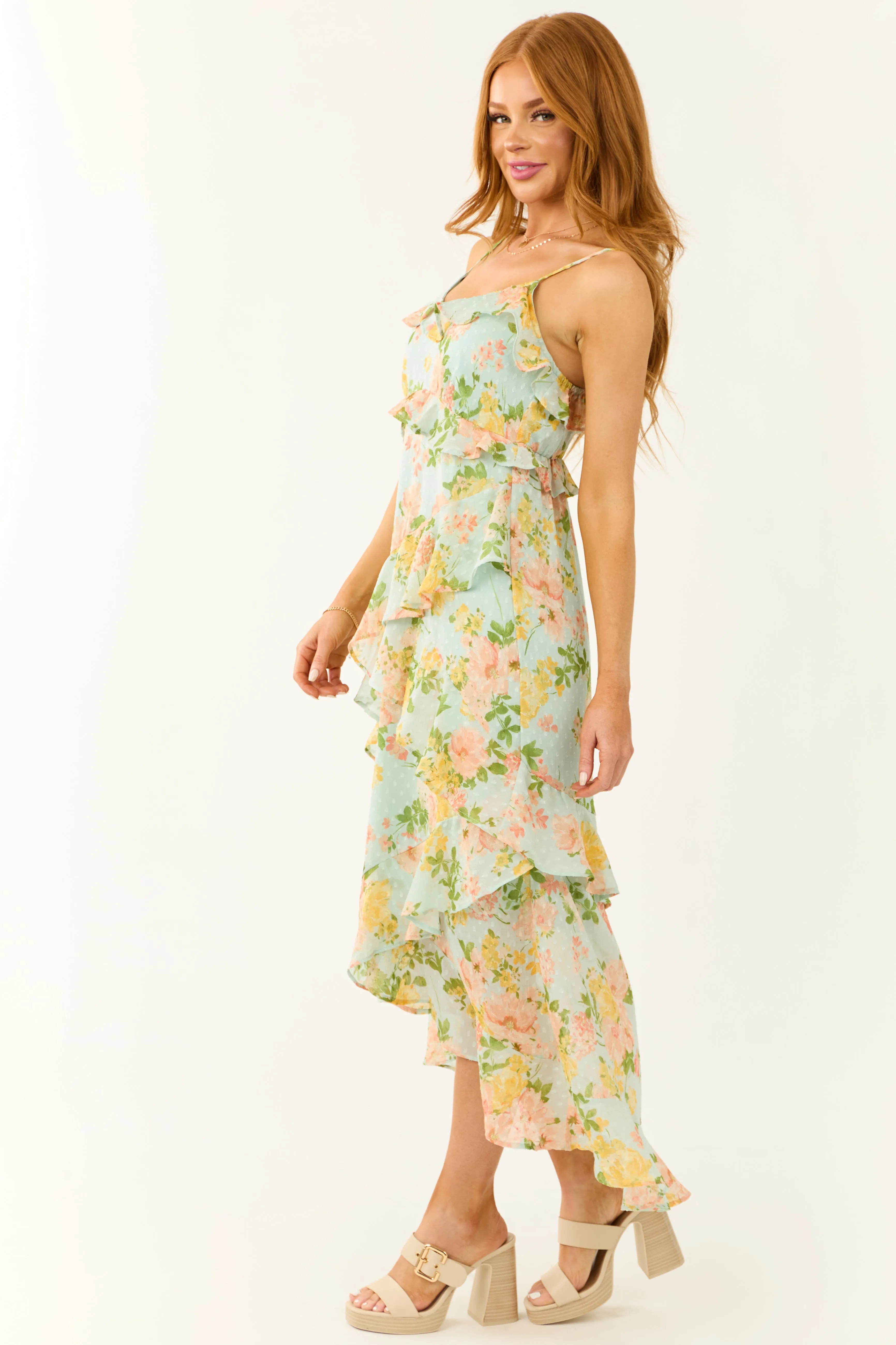 Arctic Blue Floral Clip Dot Ruffle Midi Dress sold by Lime Lush product image thumbnail 4