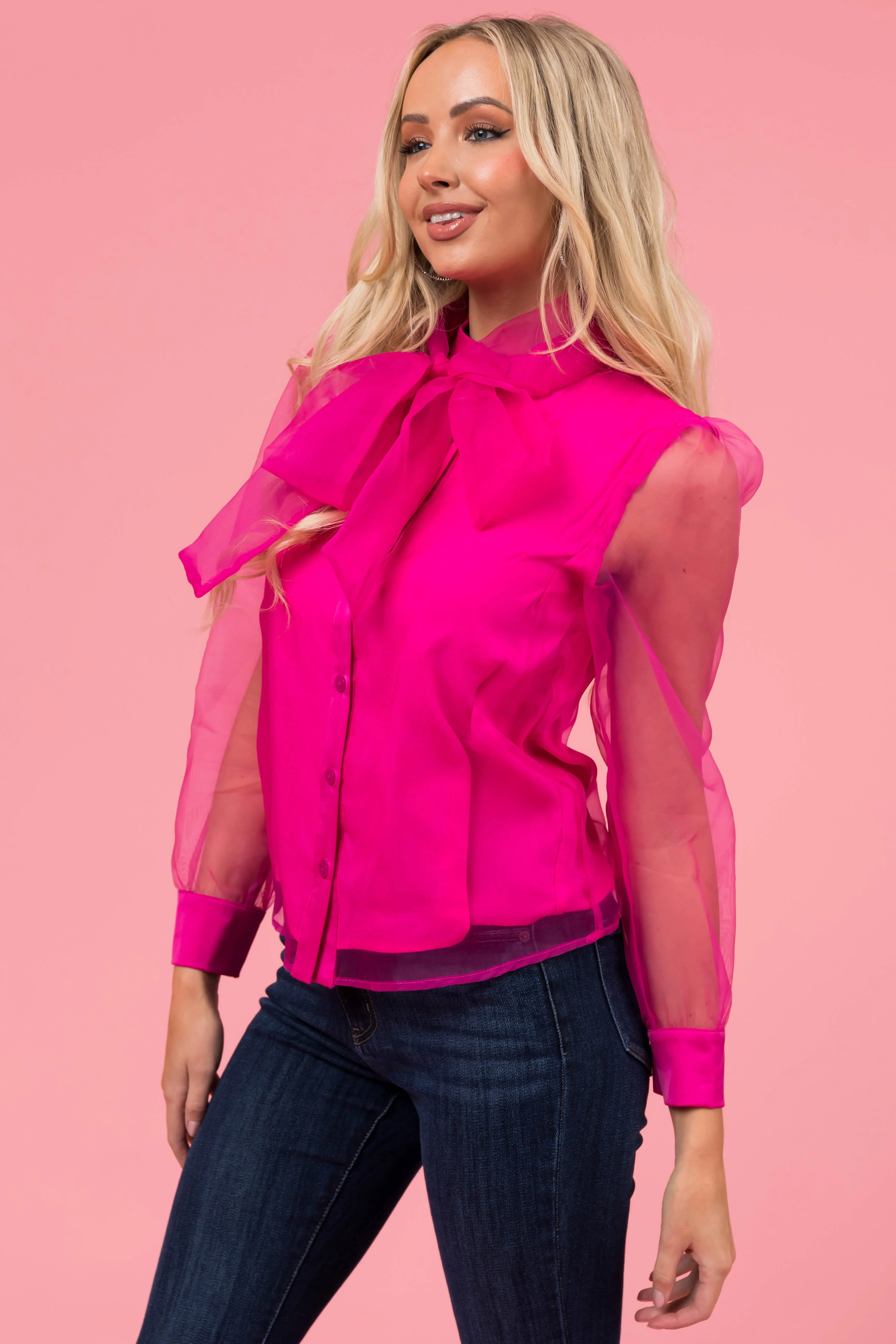Magenta Organza Fabric Button Up Neck Tie Blouse sold by Lime Lush product image thumbnail 4