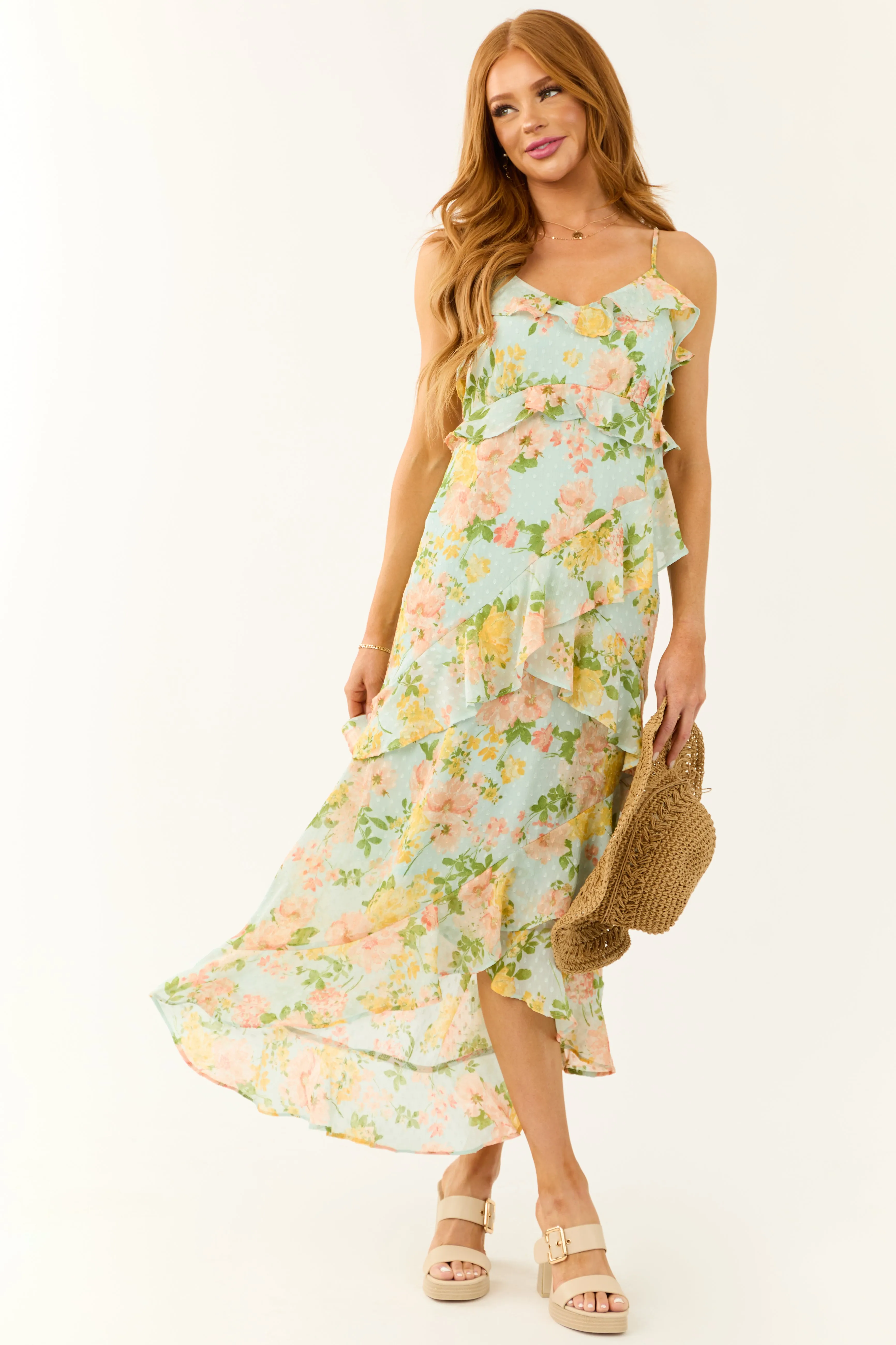 Arctic Blue Floral Clip Dot Ruffle Midi Dress sold by Lime Lush product image thumbnail 2