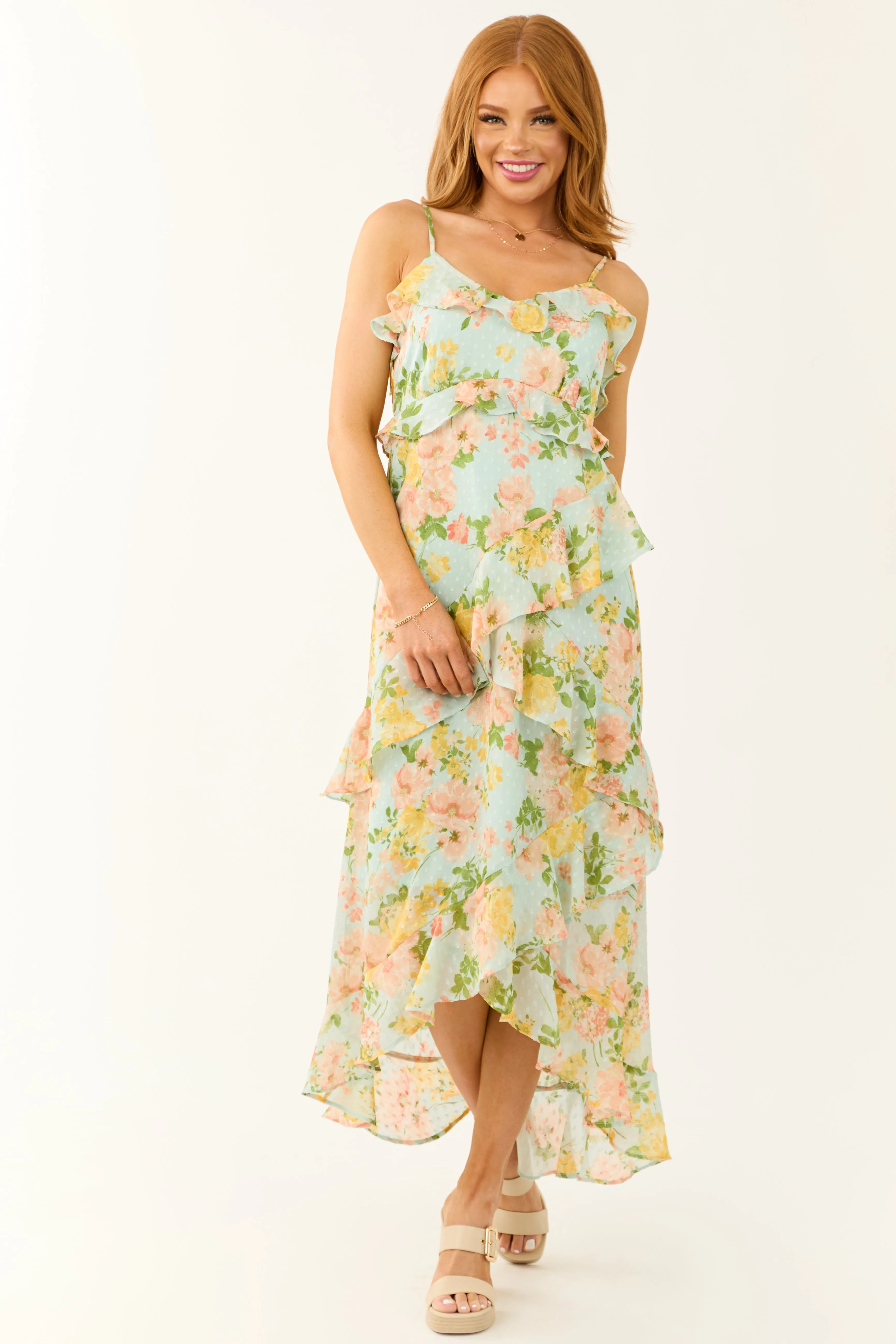 Arctic Blue Floral Clip Dot Ruffle Midi Dress sold by Lime Lush product image thumbnail 3