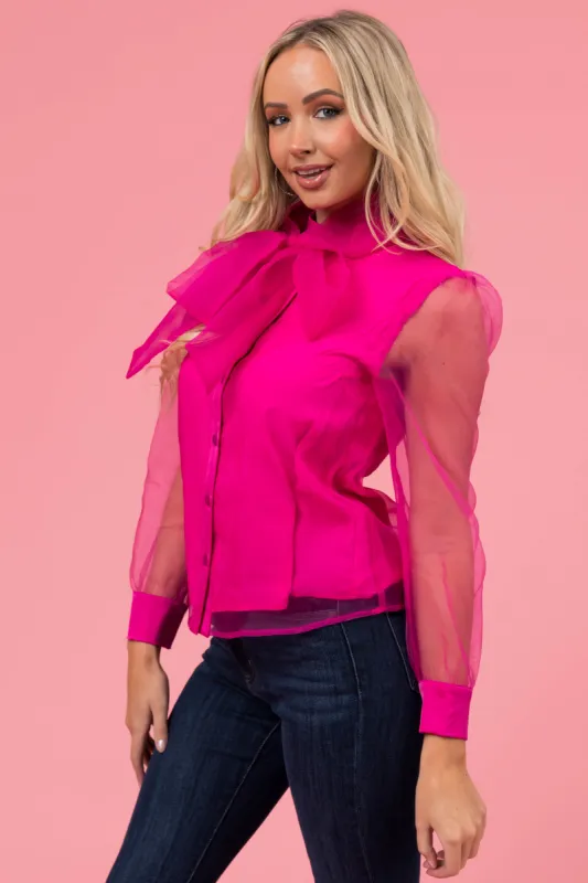 Magenta Organza Fabric Button Up Neck Tie Blouse sold by Lime Lush