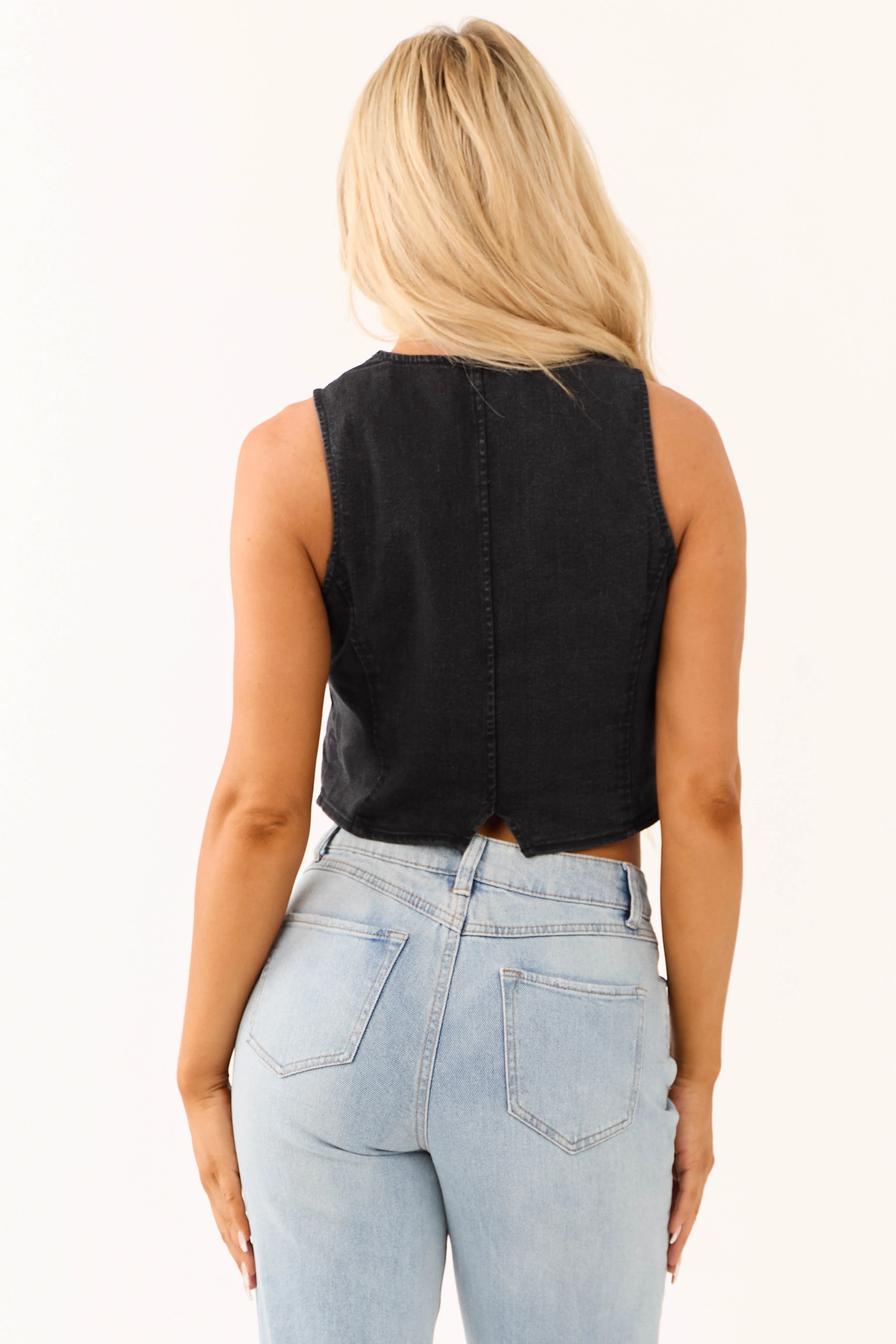 Black Washed Denim Button Down Vest sold by Lime Lush product image thumbnail 5