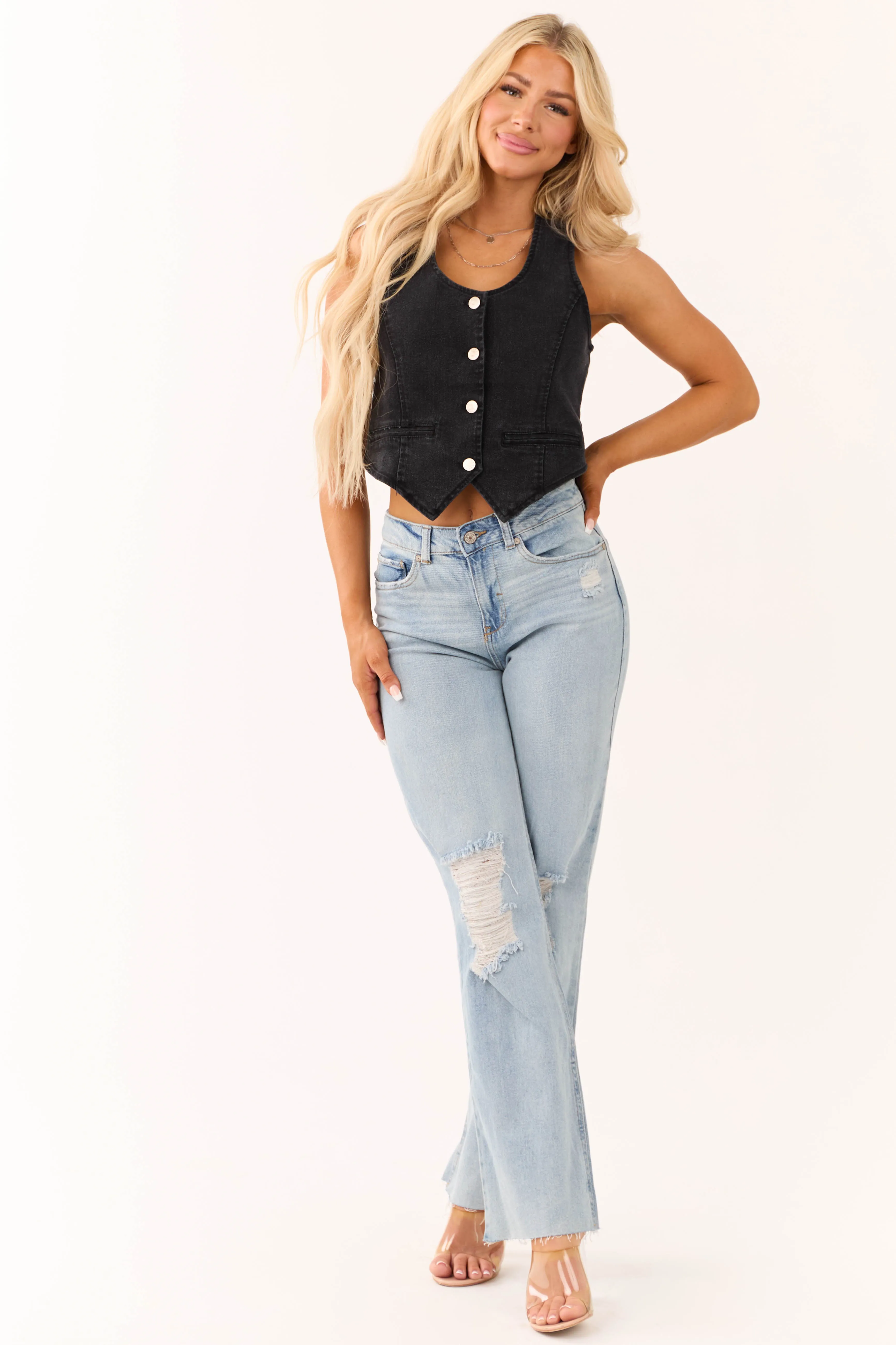 Black Washed Denim Button Down Vest sold by Lime Lush product image thumbnail 2