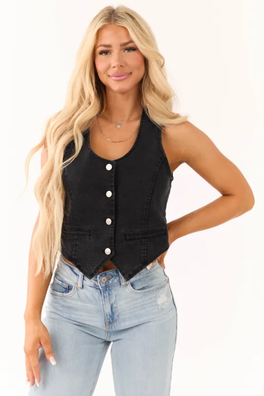 Black Washed Denim Button Down Vest sold by Lime Lush