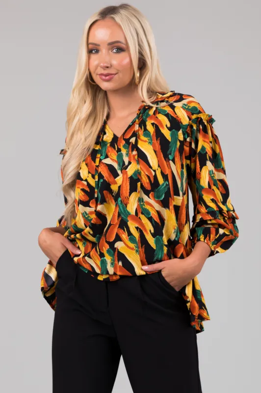 Black Multiprint Long Sleeve Ruffle Woven Blouse sold by Lime Lush