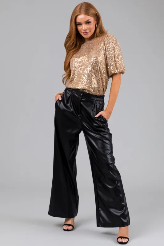 Black Pleather Elastic Waist Wide Leg Pants sold by Lime Lush