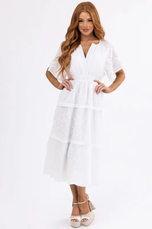 Off White Eyelet Detailed Tiered Midi Dress sold by Lime Lush