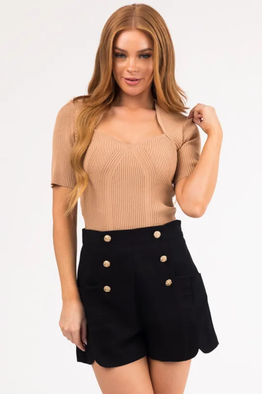 Nude Diamond Neckline Stretchy Ribbed Knit Top sold by Lime Lush