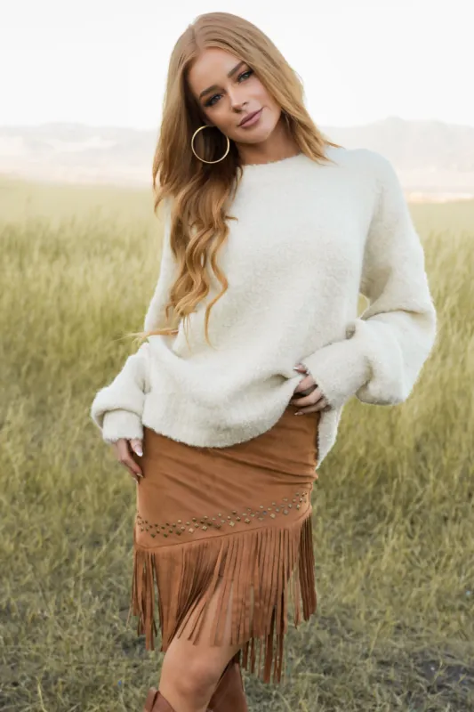 Caramel Soft Suede Fringe Skirt with Studs sold by Lime Lush