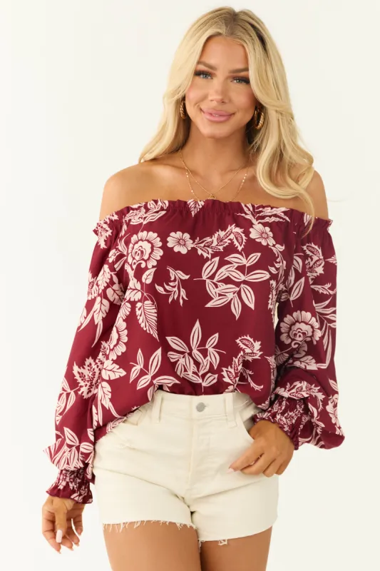 Maroon Off the Shoulder Floral Print Blouse sold by Lime Lush