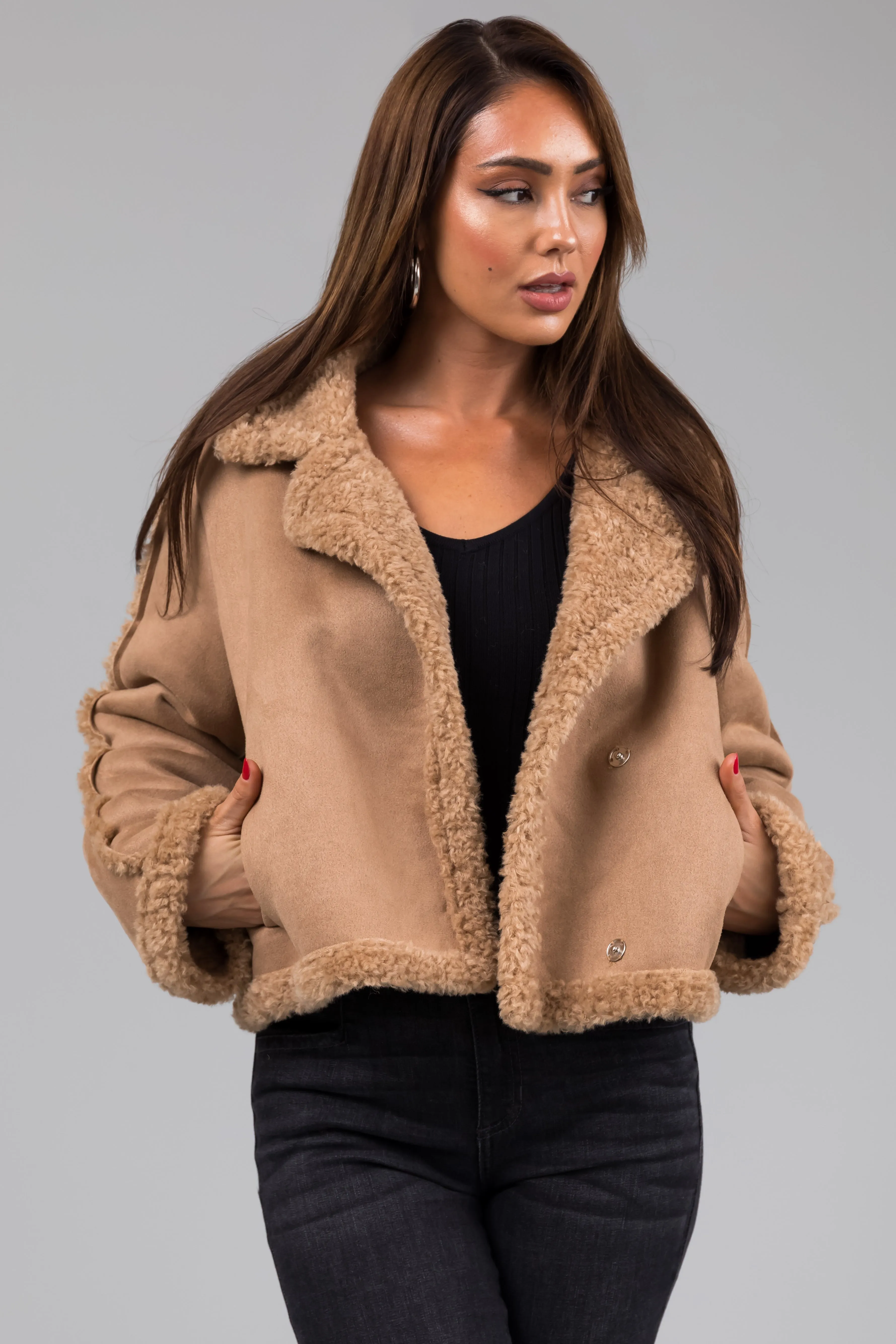 Camel Suede and Faux Fur Long Sleeve Jacket sold by Lime Lush product image thumbnail 3