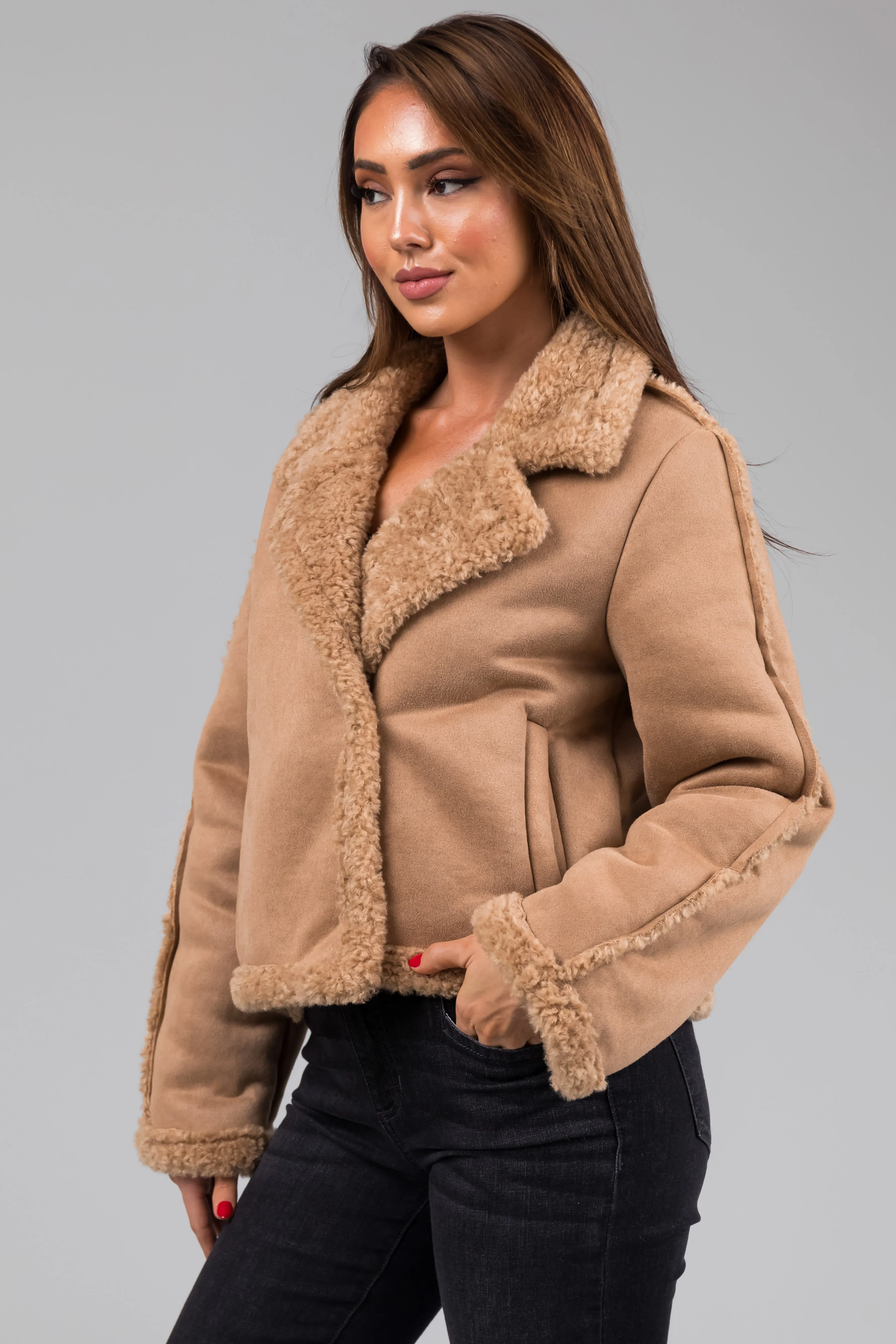 Camel Suede and Faux Fur Long Sleeve Jacket sold by Lime Lush