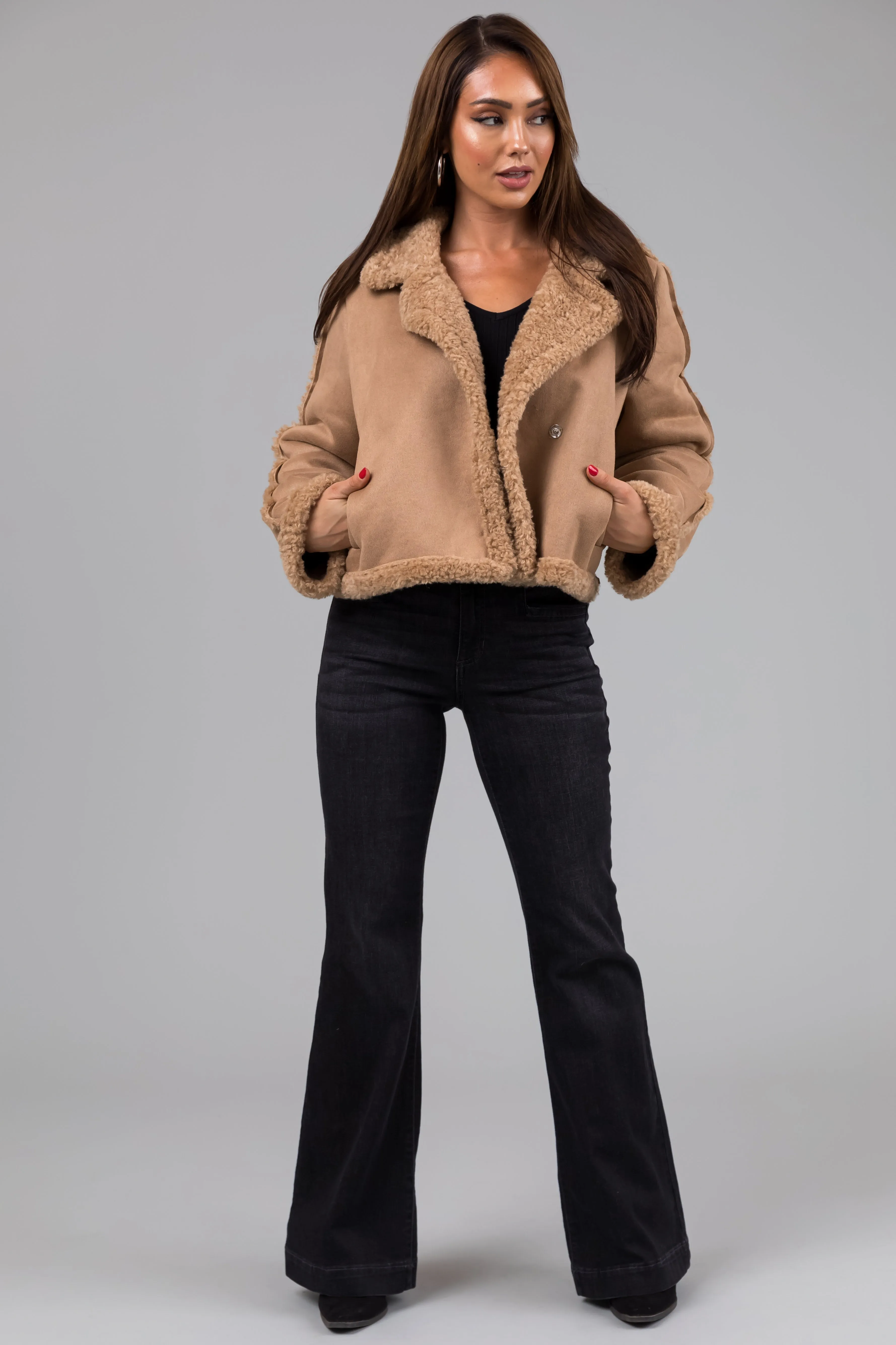 Camel Suede and Faux Fur Long Sleeve Jacket sold by Lime Lush product image thumbnail 4