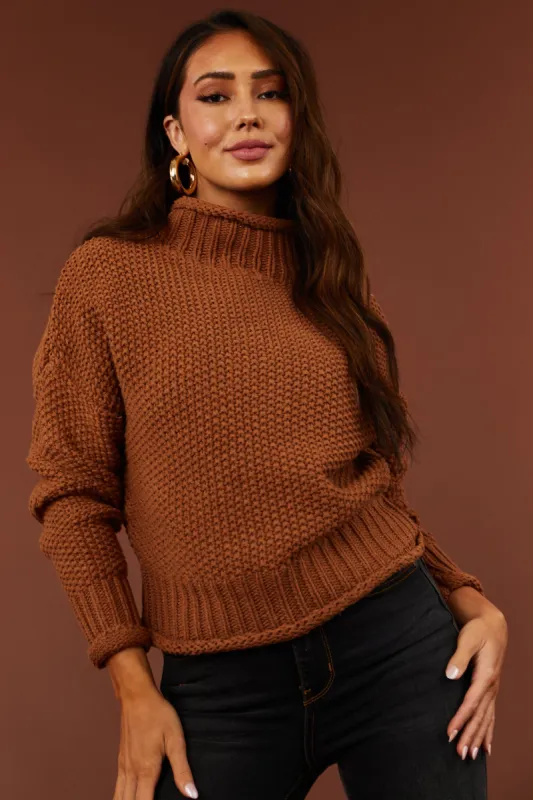 She+Sky Cognac Mock Neck Rolled Hem Chunky Sweater sold by Lime Lush