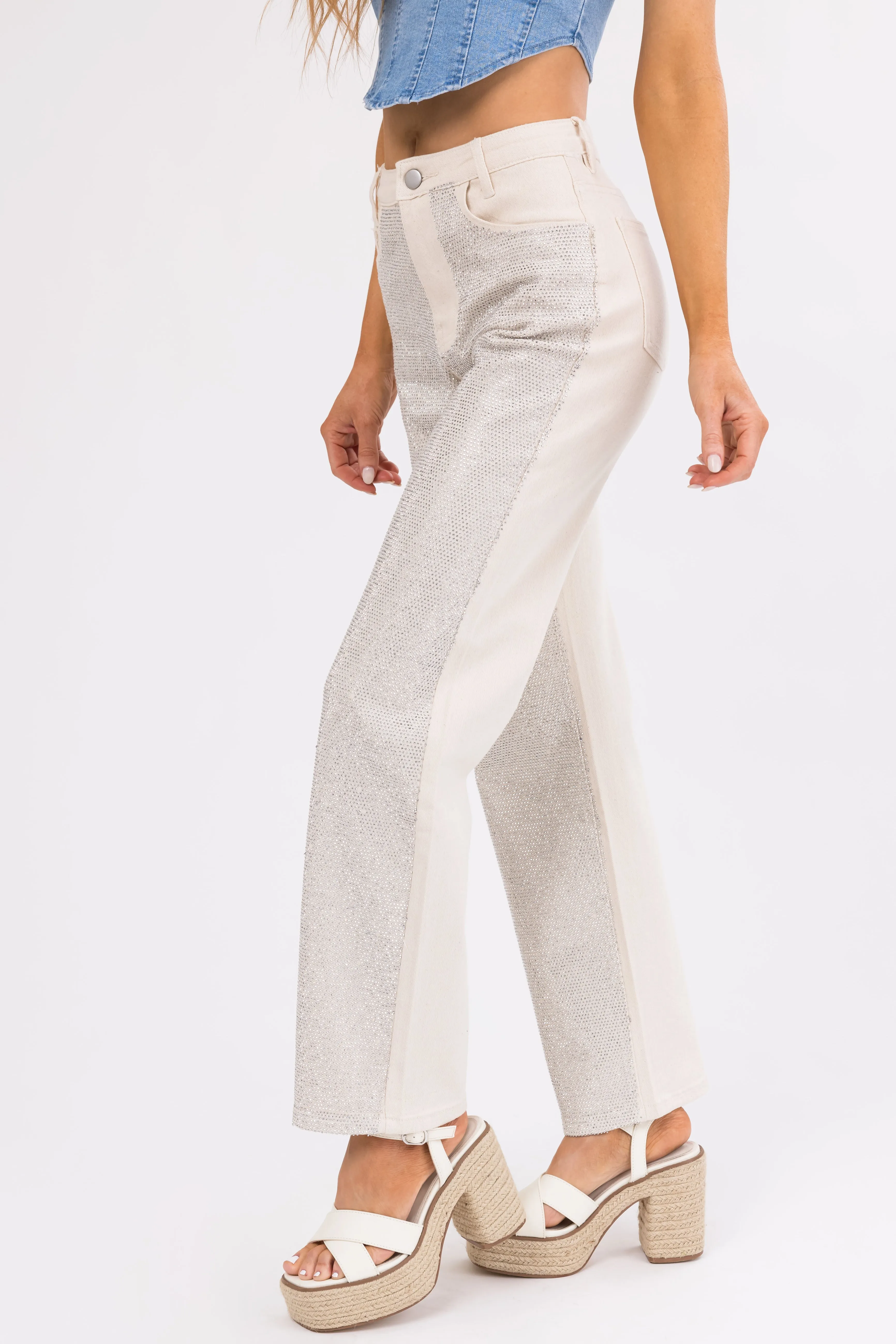 Blue B Cream Rhinestone Front Straight Leg Jeans sold by Lime Lush product image thumbnail 5