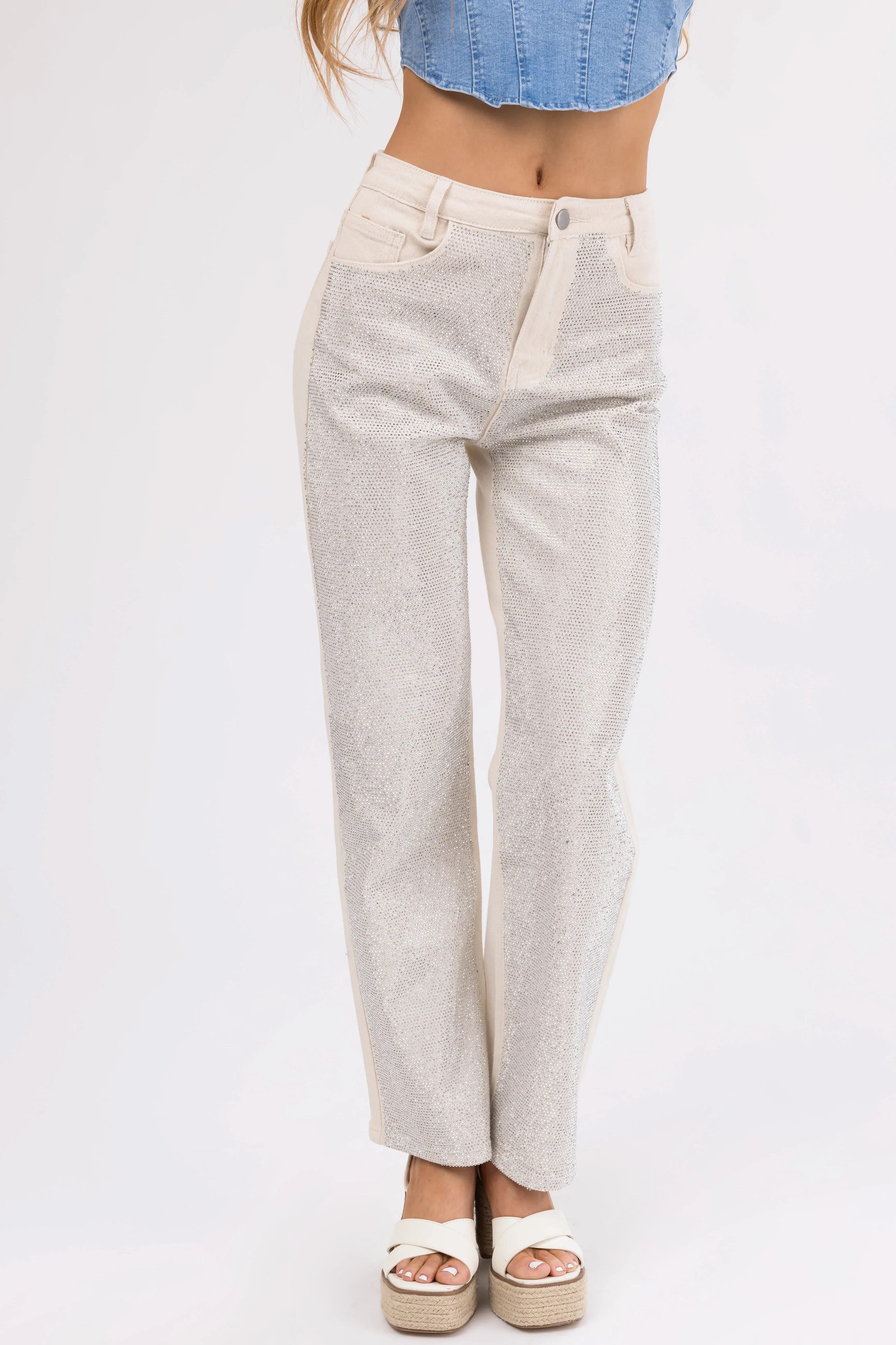 Blue B Cream Rhinestone Front Straight Leg Jeans sold by Lime Lush product image thumbnail 4