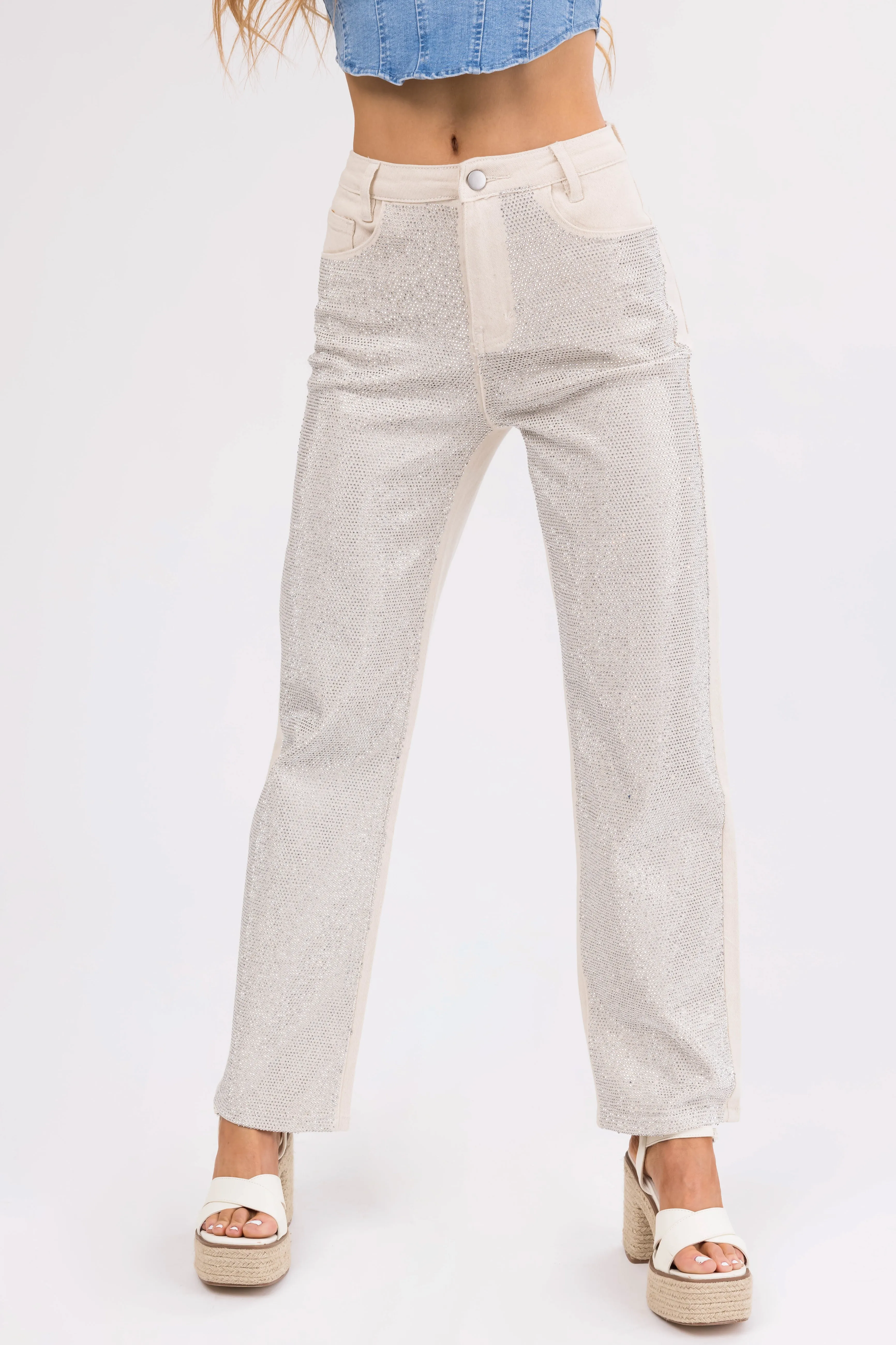 Blue B Cream Rhinestone Front Straight Leg Jeans sold by Lime Lush