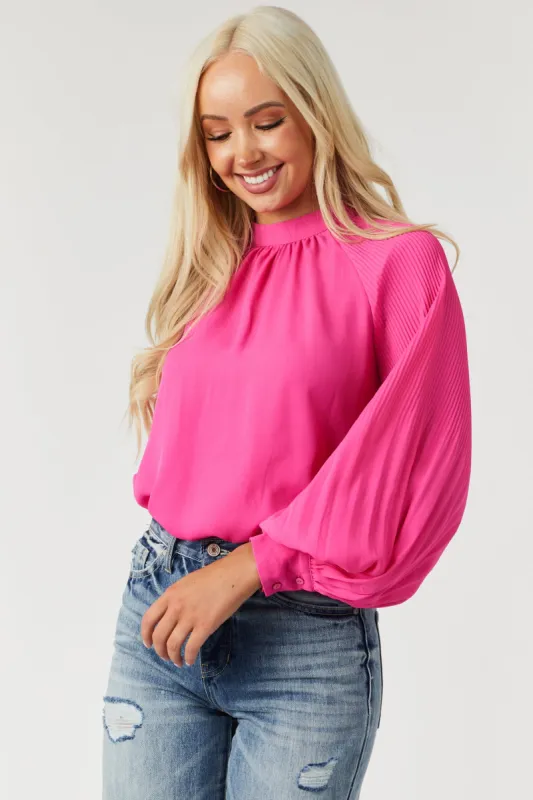 Flying Tomato Magenta Pleated Bishop Sleeve High Neck Blouse made by Flying Tomato