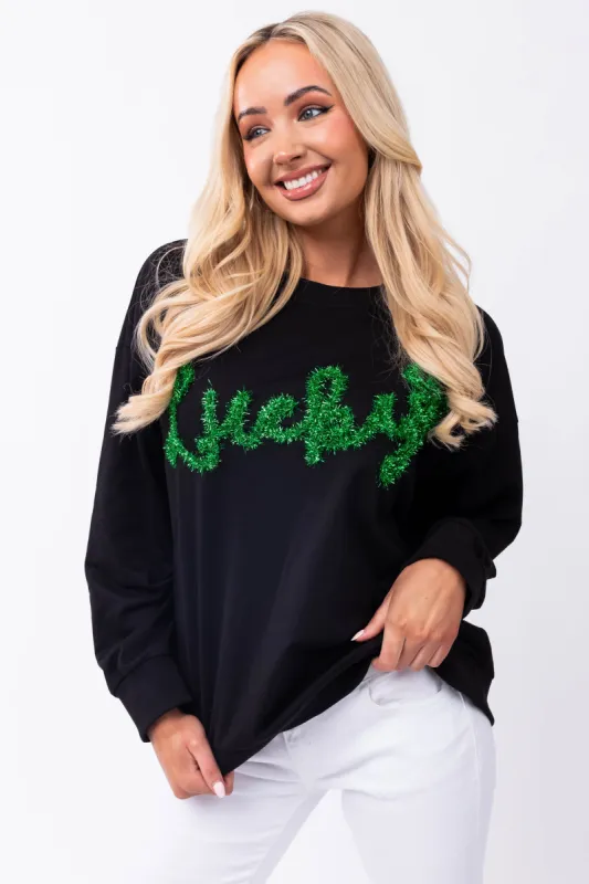Black 'Lucky' Tinsel Lettering Pullover Top sold by Lime Lush
