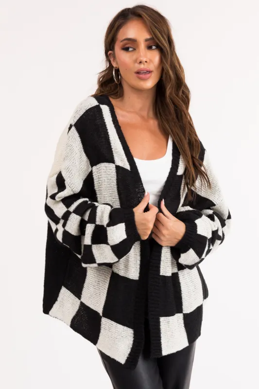 Black and Cream Checkered Open Front Cardigan sold by Lime Lush