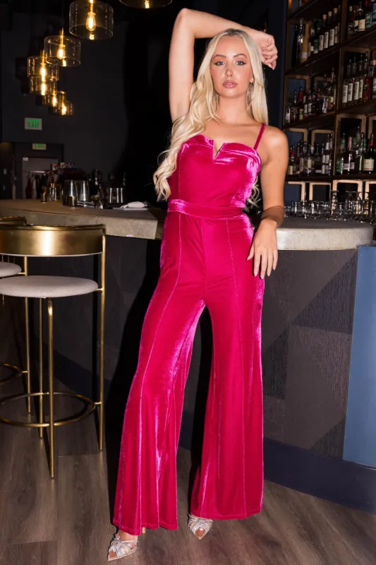 Flying Tomato Raspberry Split Neck Flare Leg Velvet Jumpsuit sold by Lime Lush