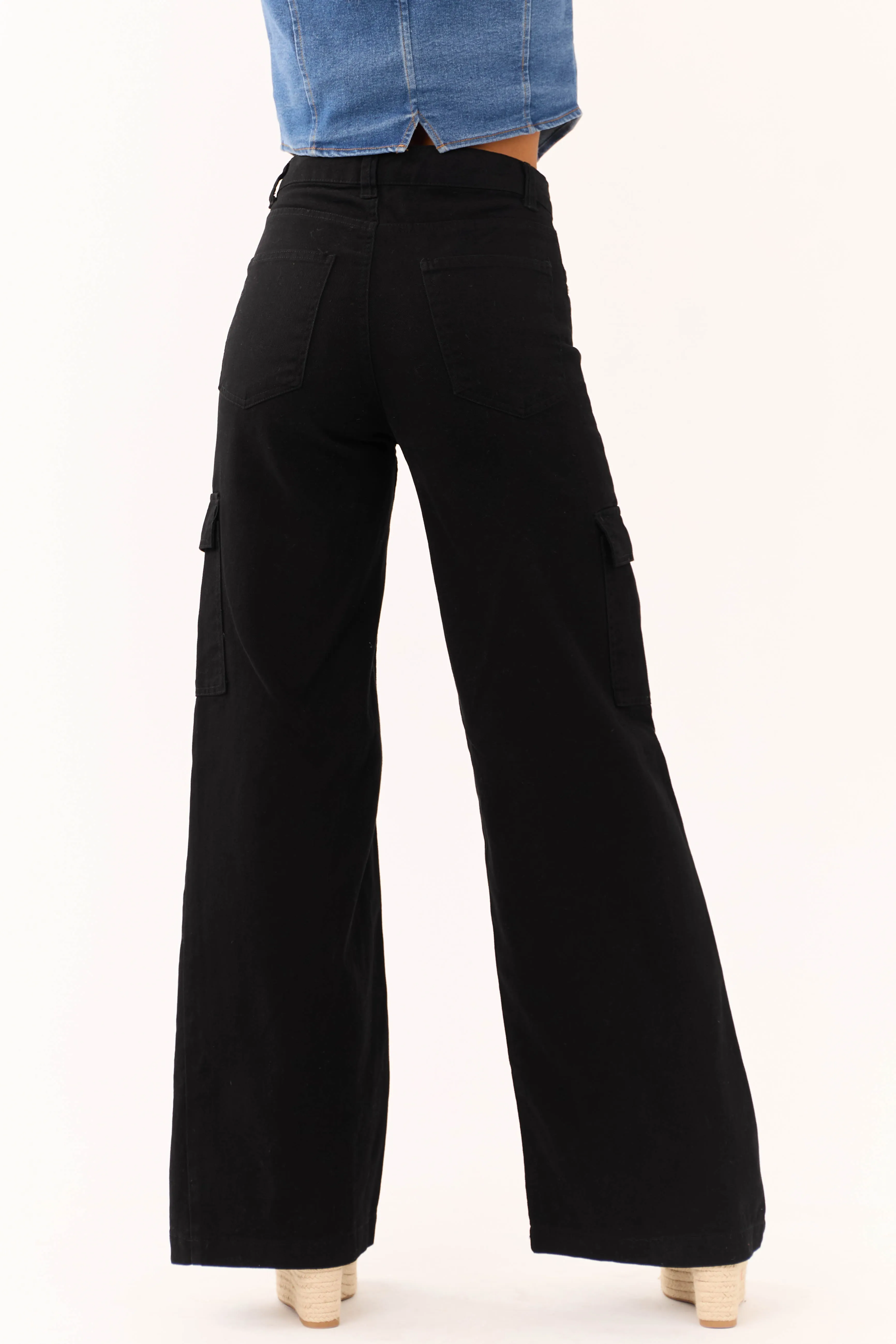 Timing Black High Rise Wide Leg Cargo Jeans with Pockets sold by Lime Lush product image thumbnail 4