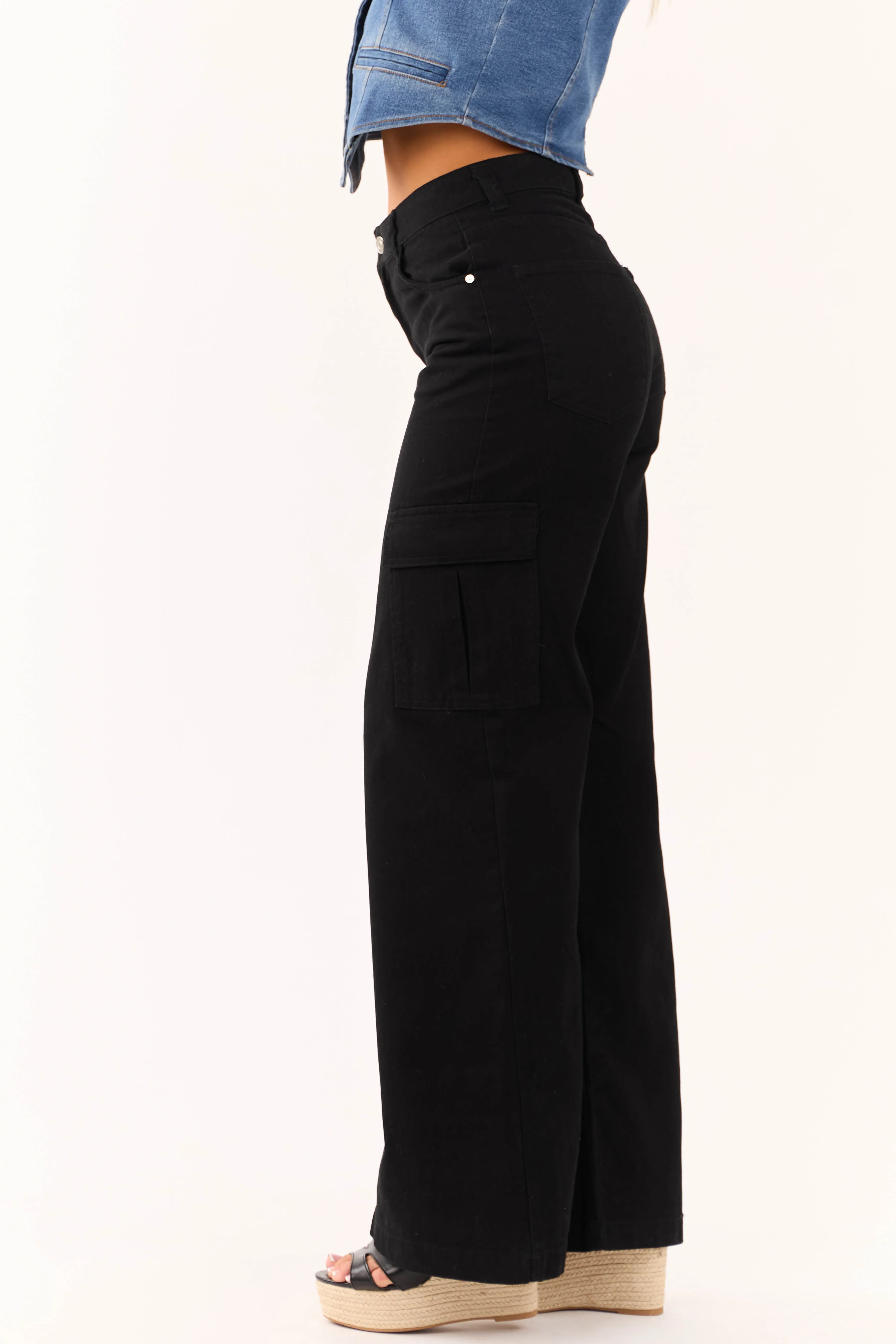 Timing Black High Rise Wide Leg Cargo Jeans with Pockets sold by Lime Lush product image thumbnail 3