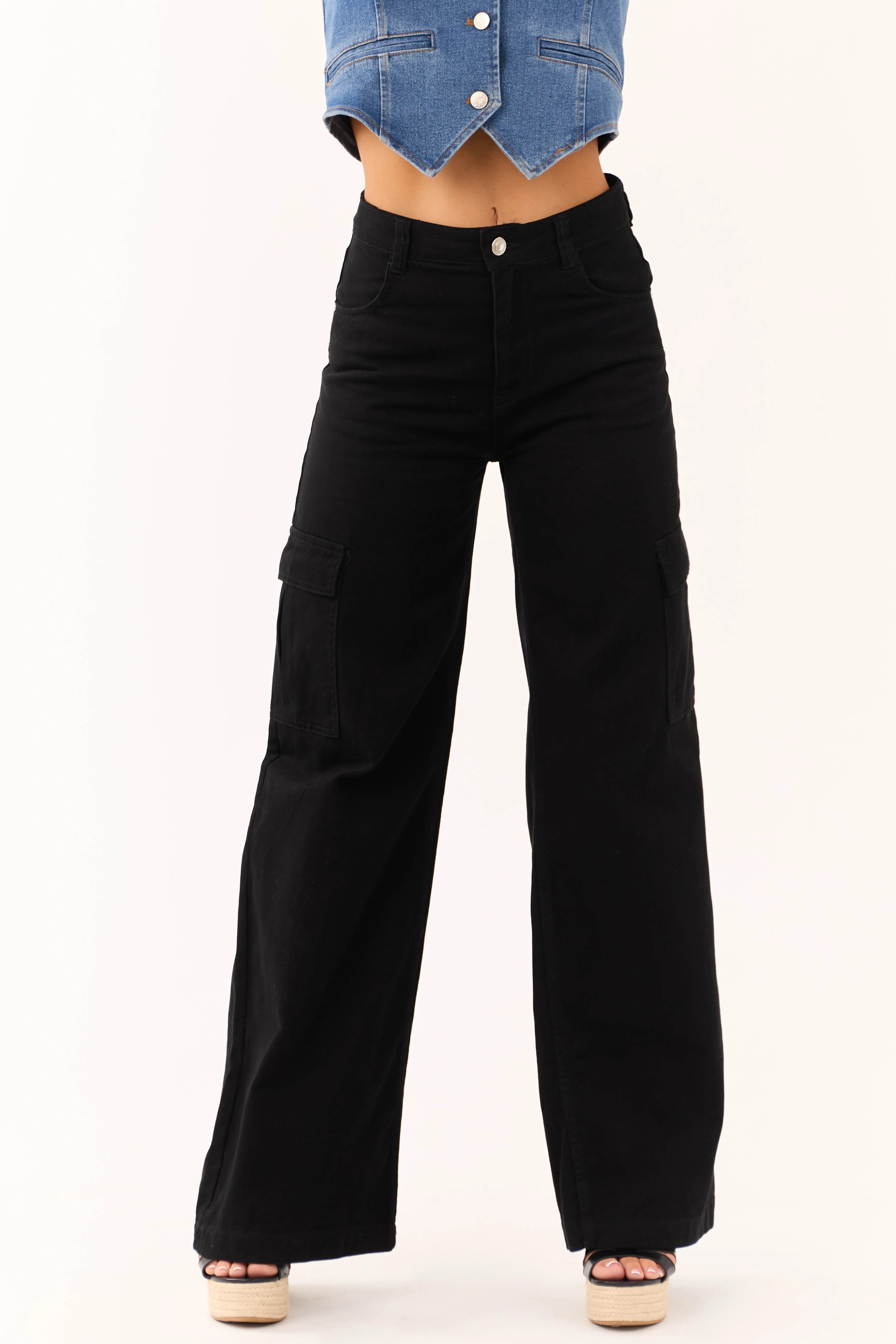 Timing Black High Rise Wide Leg Cargo Jeans with Pockets sold by Lime Lush product image thumbnail 2