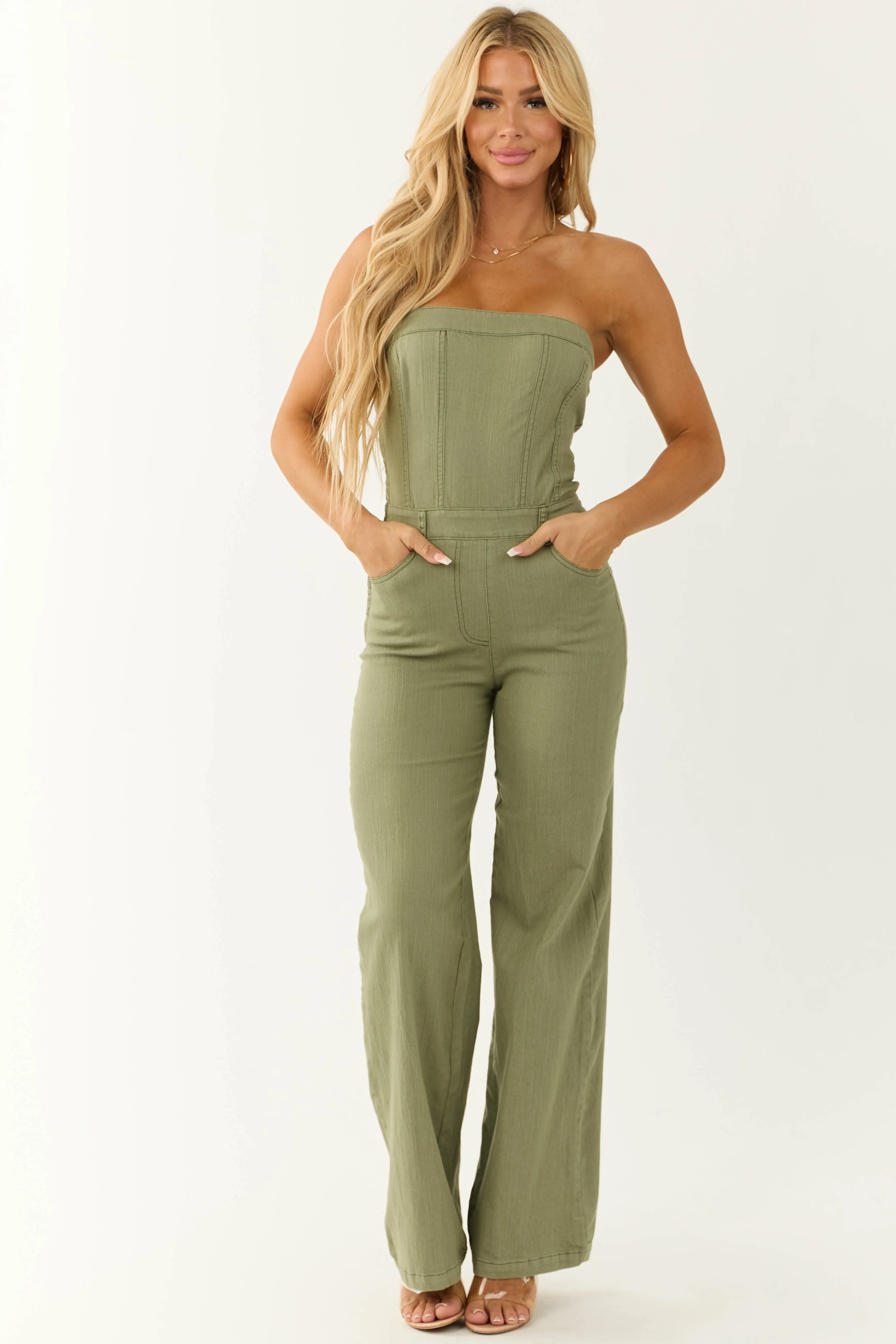 Olive Strapless Relaxed Leg Denim Jumpsuit sold by Lime Lush product image thumbnail 2