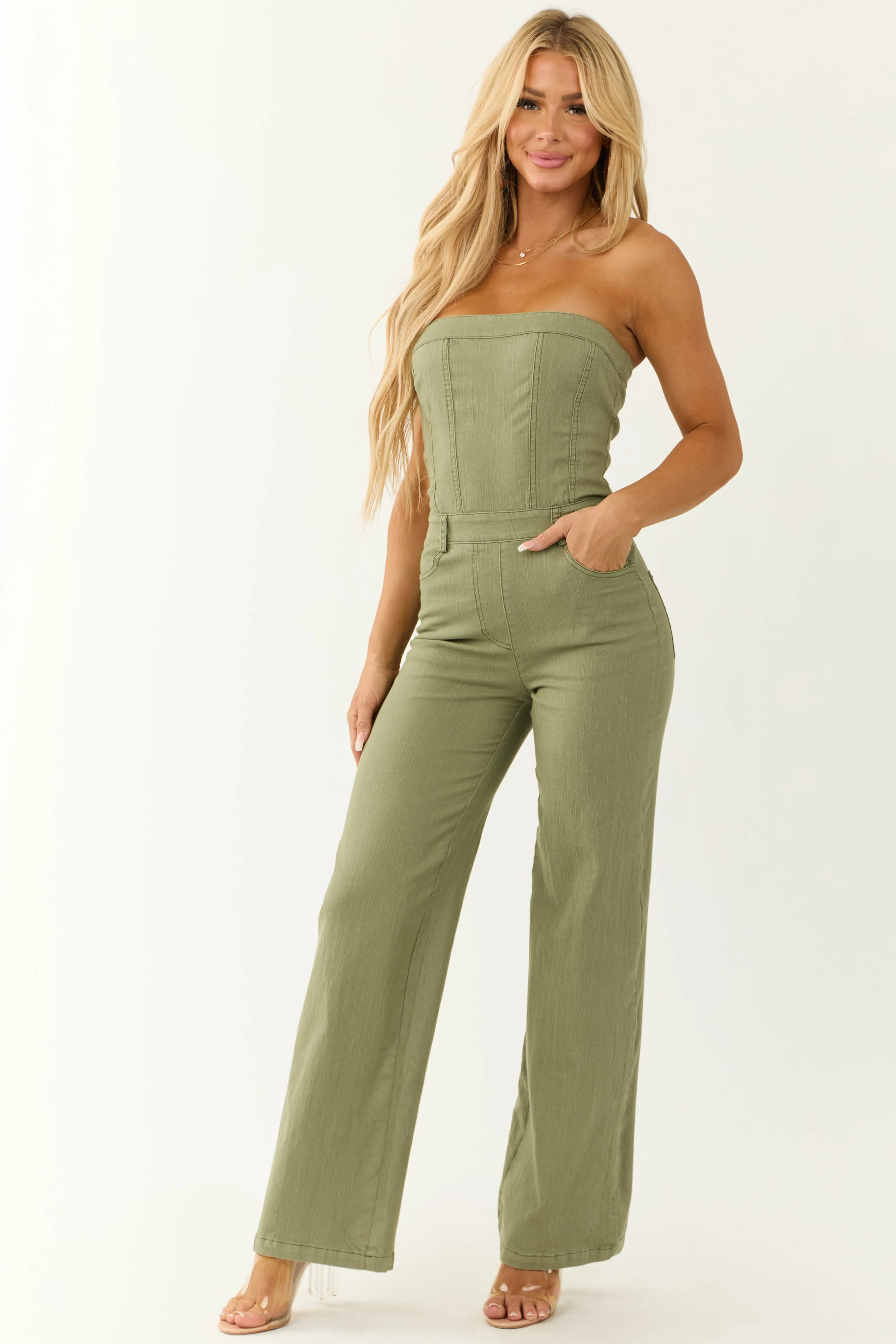 Olive Strapless Relaxed Leg Denim Jumpsuit sold by Lime Lush product image thumbnail 3