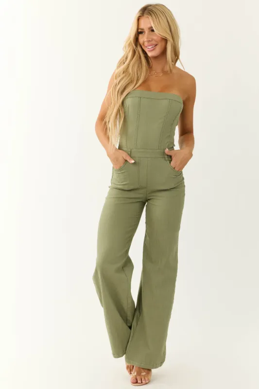 Olive Strapless Relaxed Leg Denim Jumpsuit sold by Lime Lush