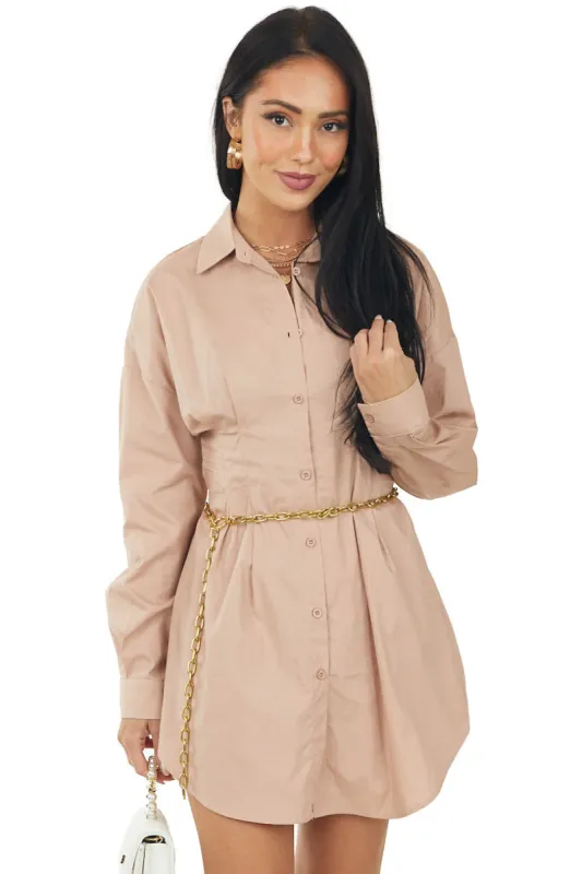Tea Rose Button Up Long Sleeve Collared Mini Dress sold by Lime Lush