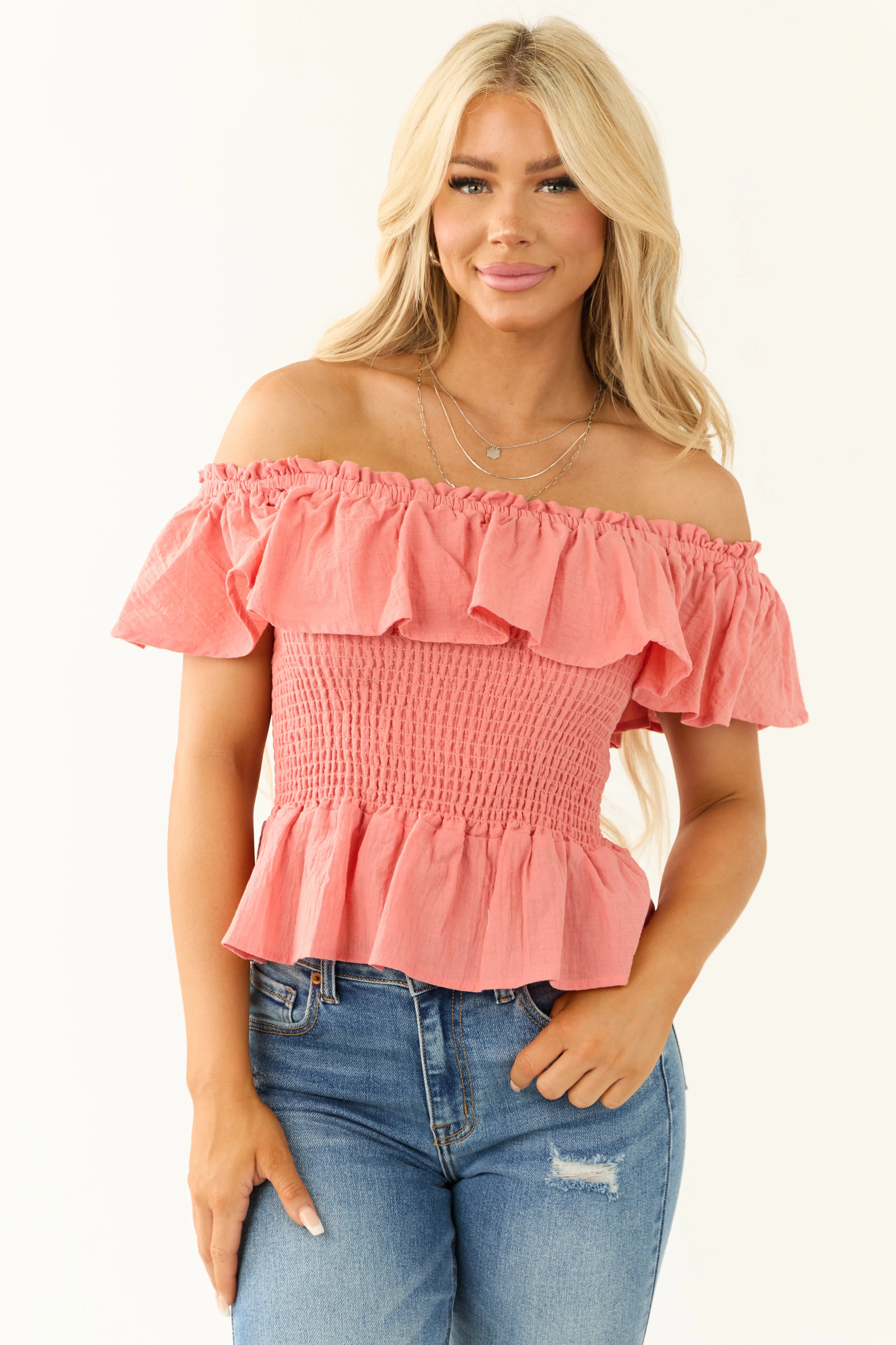 Vintage Coral Smocked Off Shoulder Peplum Top sold by Lime Lush