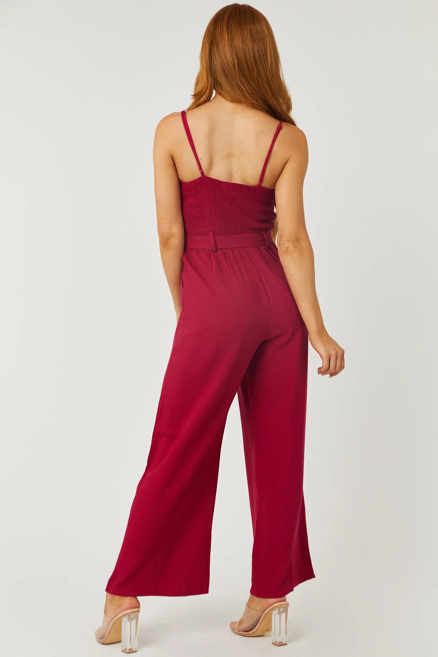 Wine Sleeveless Smocked Jumpsuit with Waist Tie sold by Lime Lush product image thumbnail 4