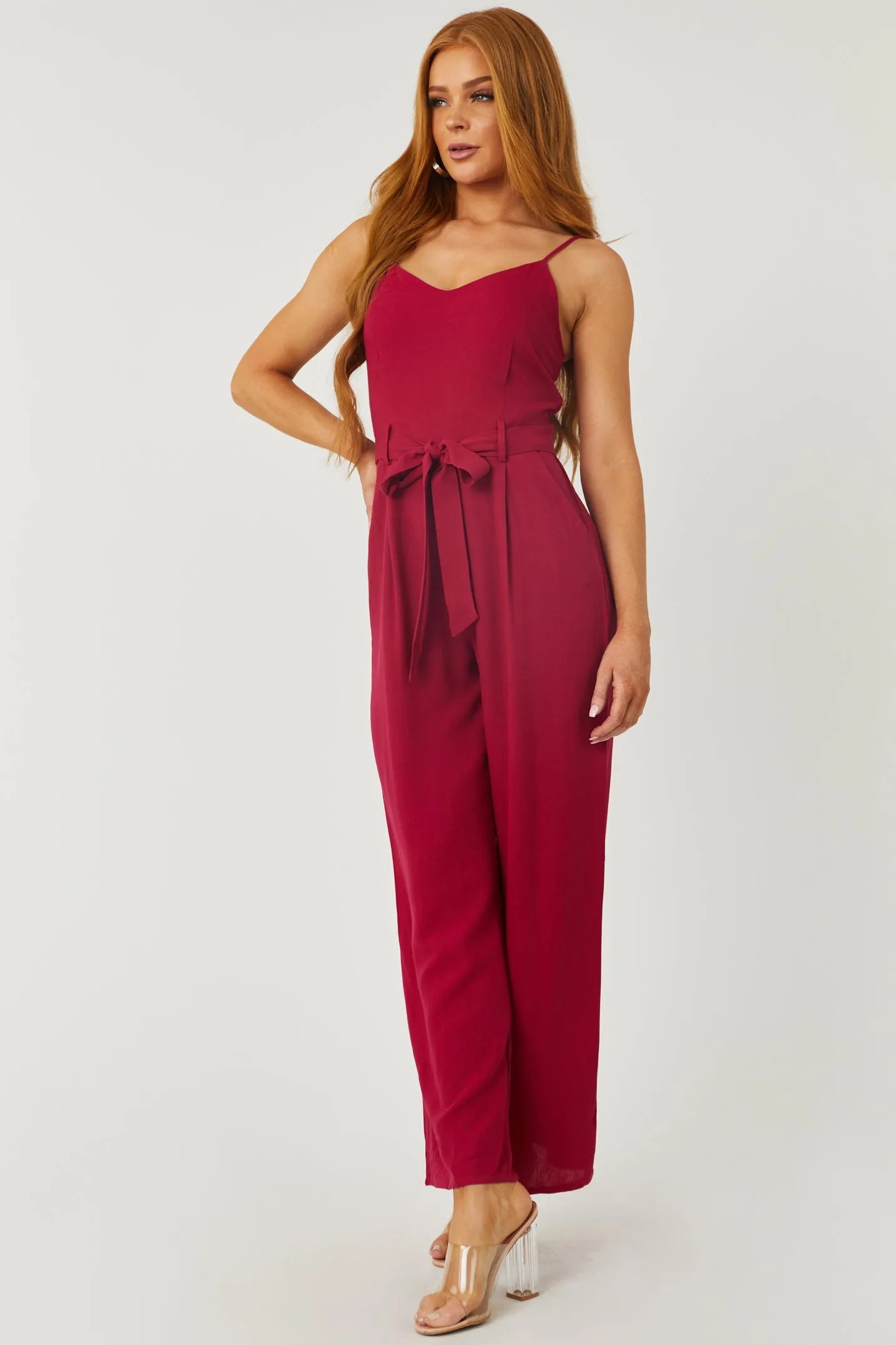 Wine Sleeveless Smocked Jumpsuit with Waist Tie sold by Lime Lush product image thumbnail 3