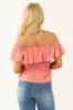Vintage Coral Smocked Off Shoulder Peplum Top sold by Lime Lush