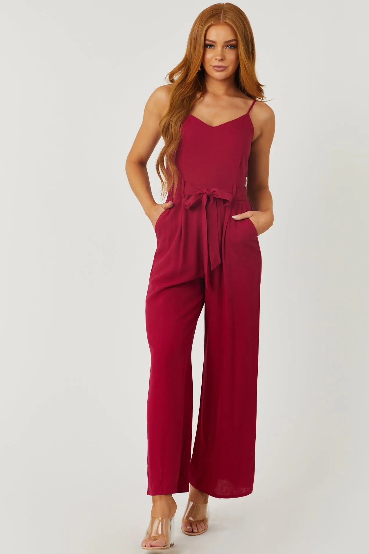 Wine Sleeveless Smocked Jumpsuit with Waist Tie sold by Lime Lush product image thumbnail 2