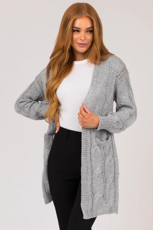 Heather Grey Eyelet Cable Knit Cardigan sold by Lime Lush