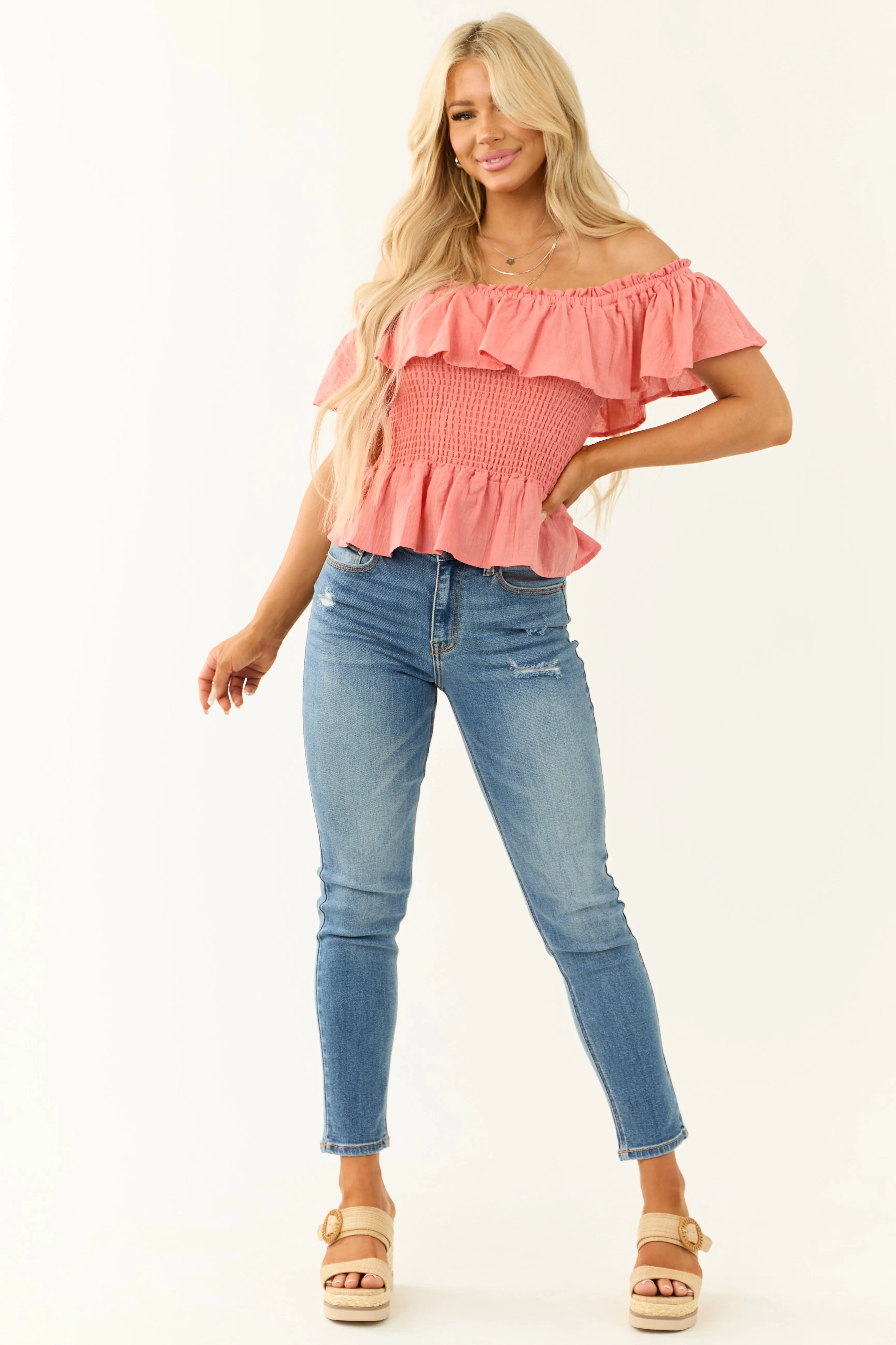 Vintage Coral Smocked Off Shoulder Peplum Top sold by Lime Lush product image thumbnail 3