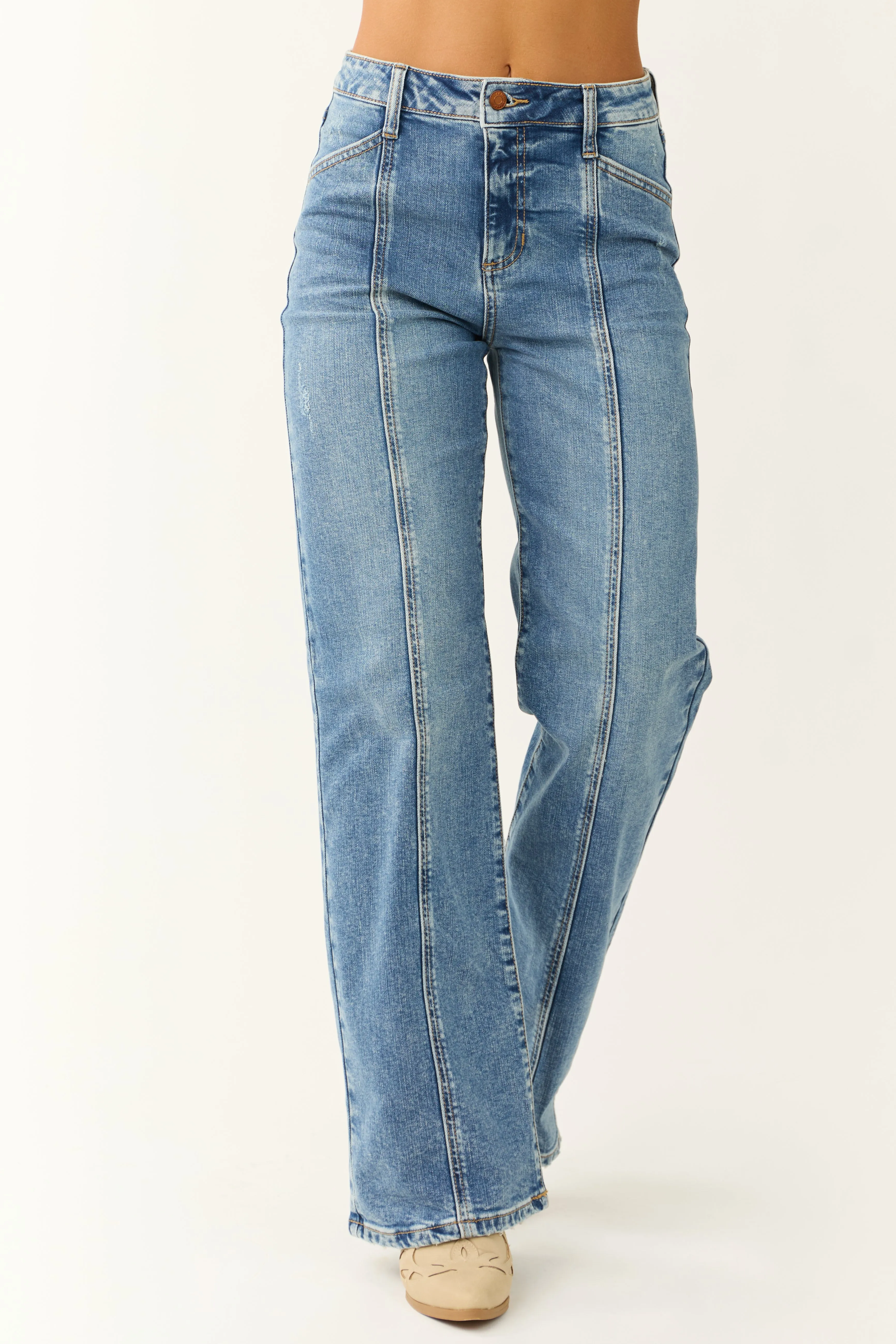 Sneak Peek High Rise Medium Wash Wide Leg Jeans sold by Lime Lush