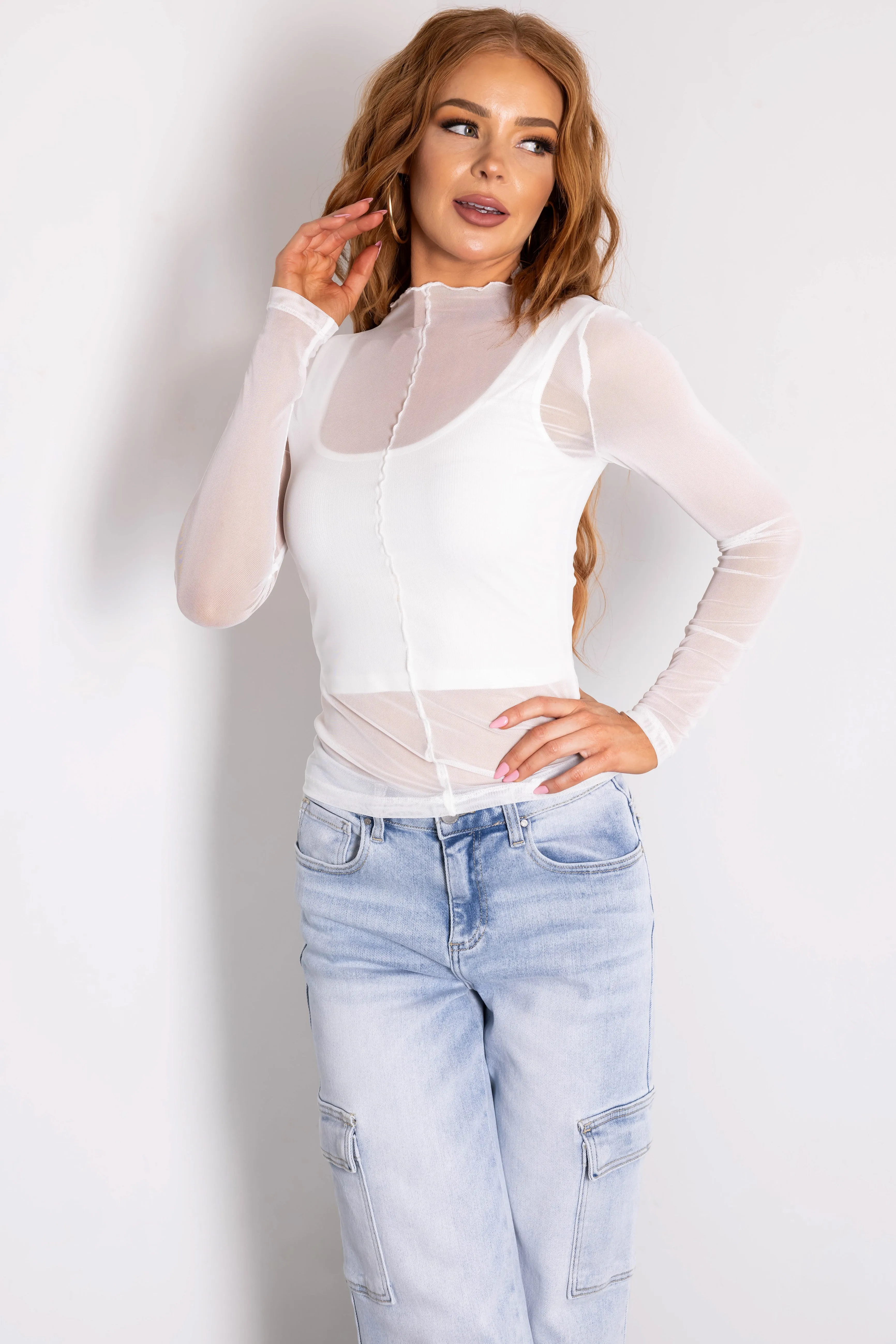 White Ribbed Crop Top with Long Sleeve Overlay sold by Lime Lush product image thumbnail 2