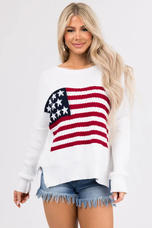 Ivory American Flag Crochet Knit Sweater sold by Lime Lush