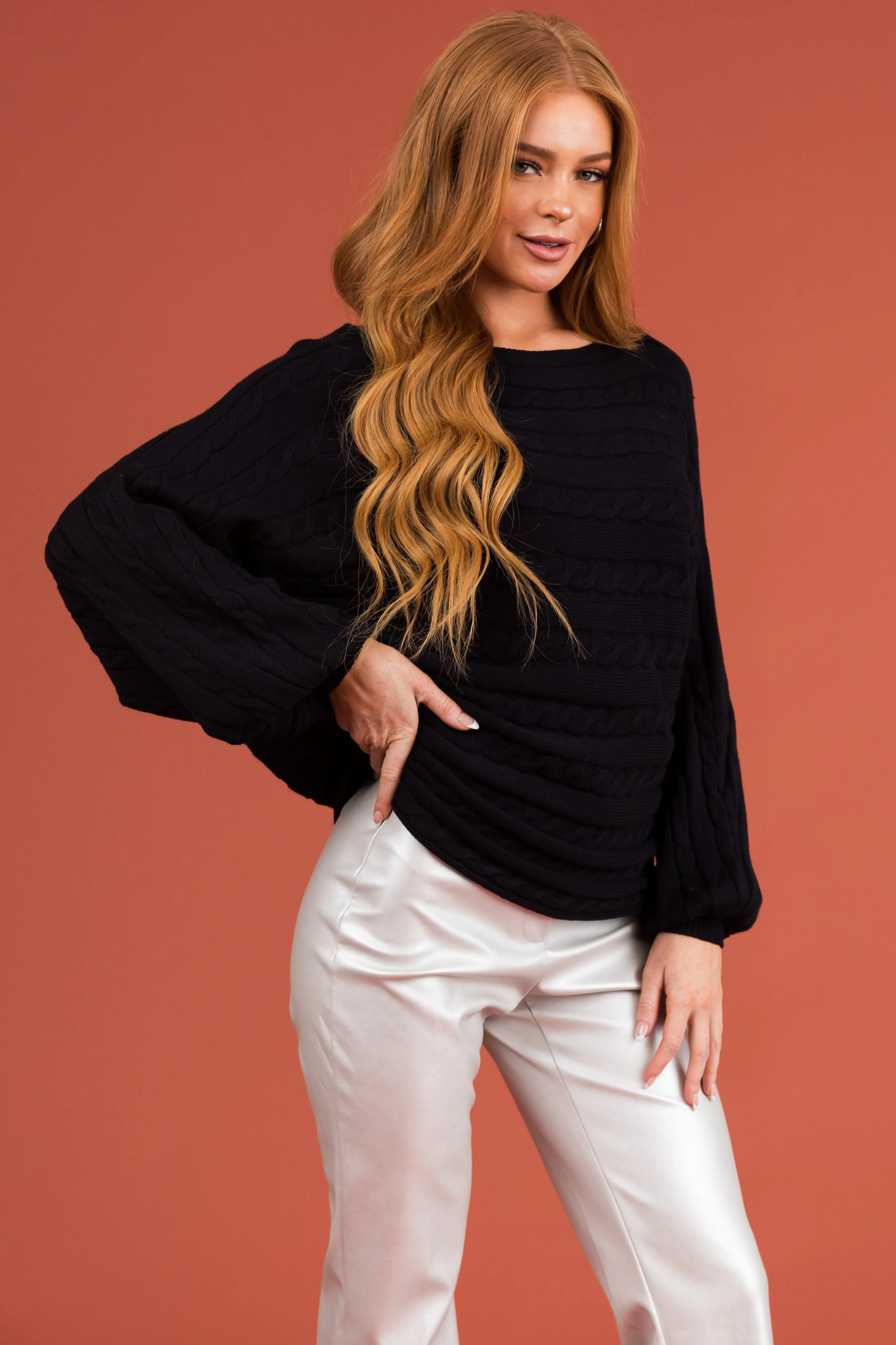 Black Boat Neckline Soft Cable Knit Sweater sold by Lime Lush product image thumbnail 4
