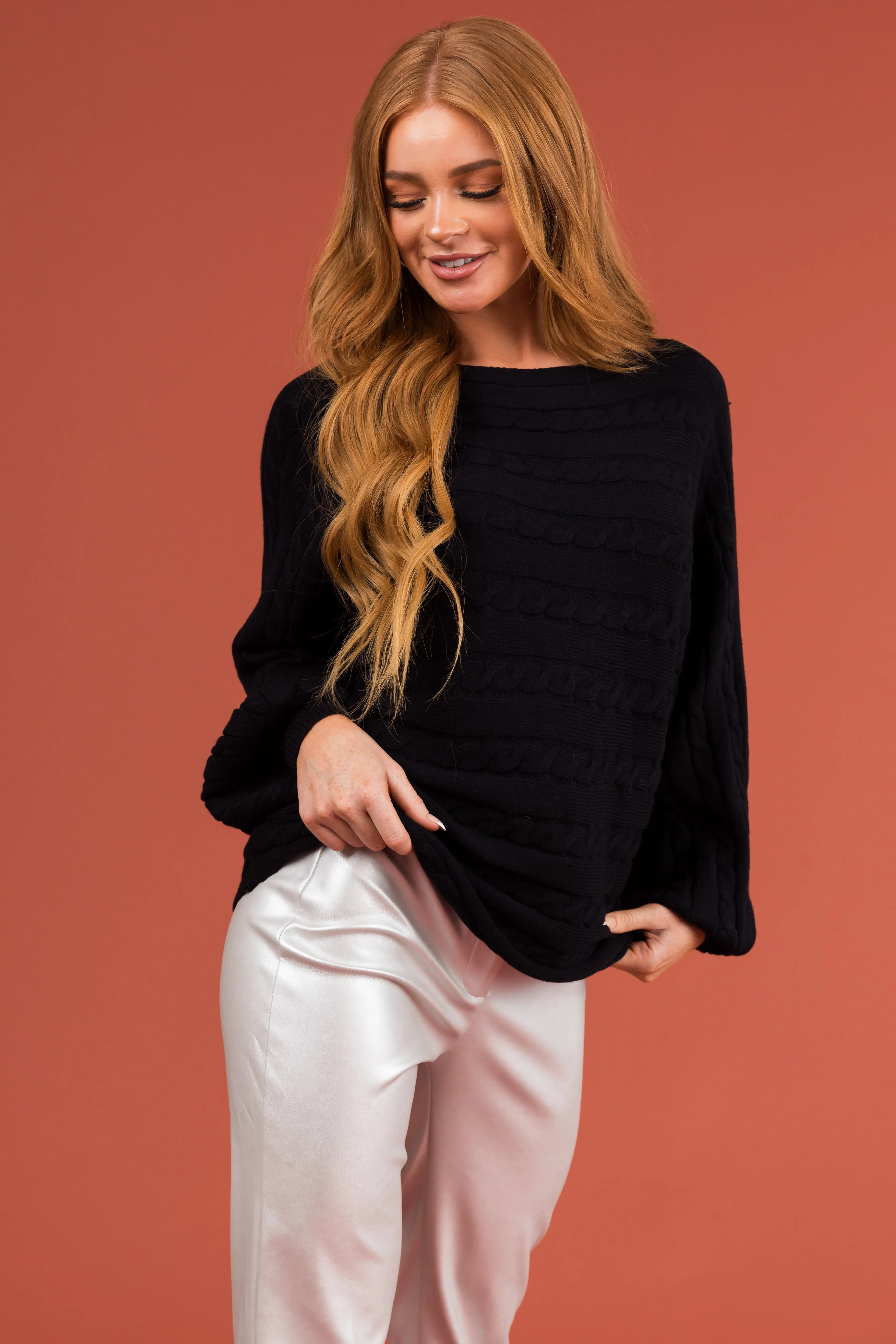 Black Boat Neckline Soft Cable Knit Sweater sold by Lime Lush product image thumbnail 2