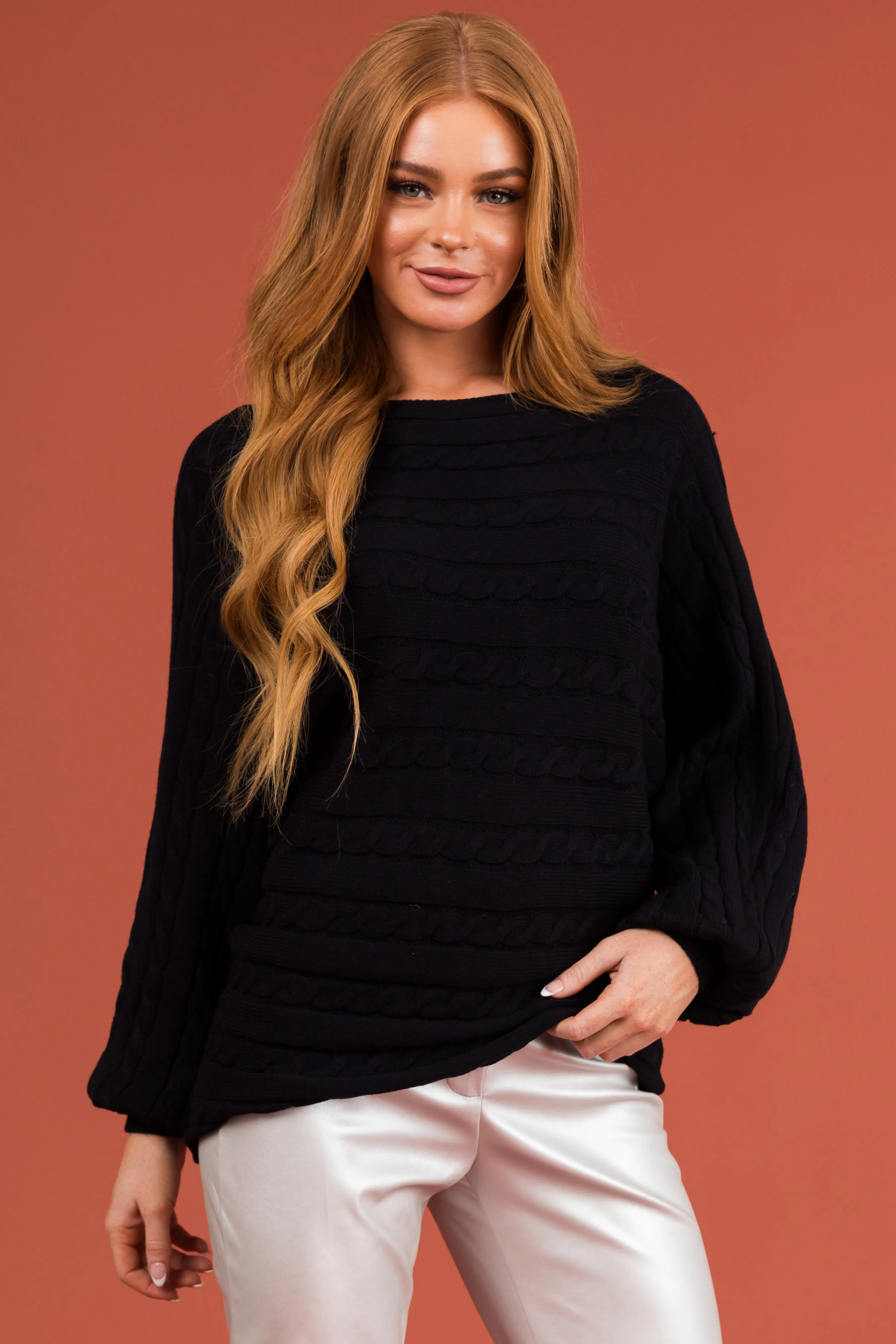 Black Boat Neckline Soft Cable Knit Sweater sold by Lime Lush