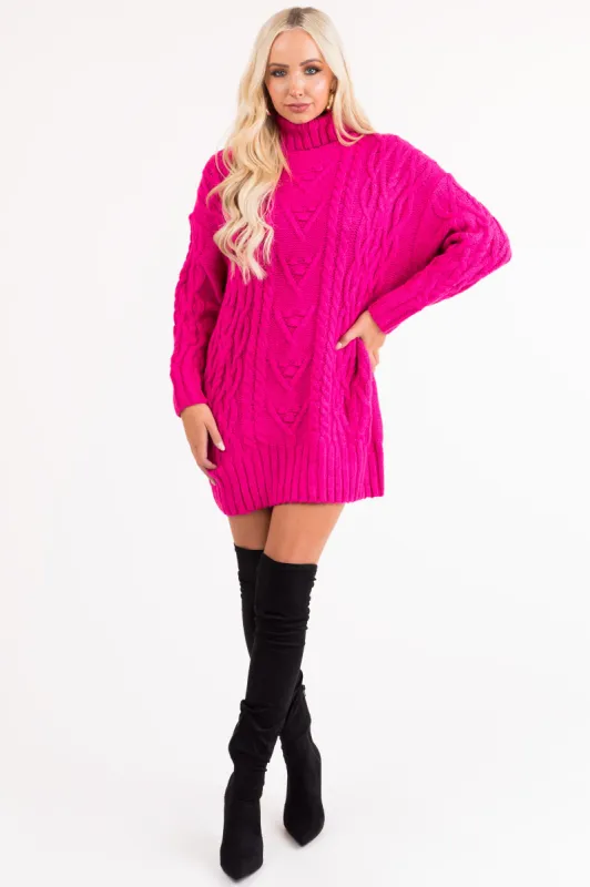 Magenta Cable Knit Turtleneck Sweater Dress sold by Lime Lush